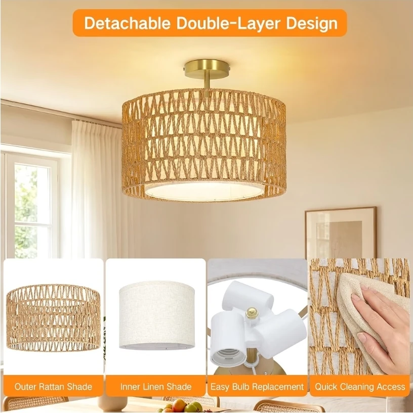 Boho Rattan Semi Flush Mount Ceiling Light - photo 5