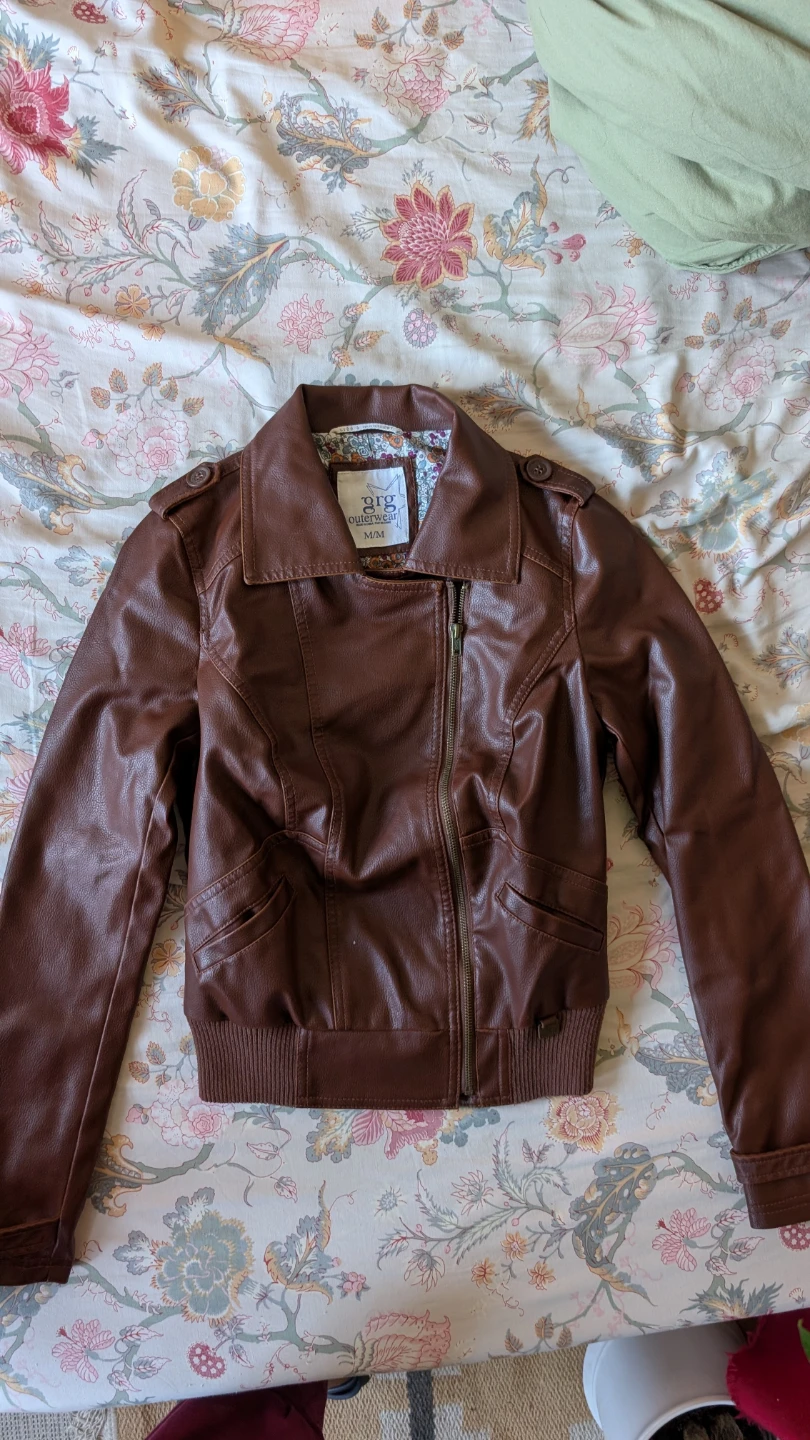 brown faux leather jacket with floral print - photo 2