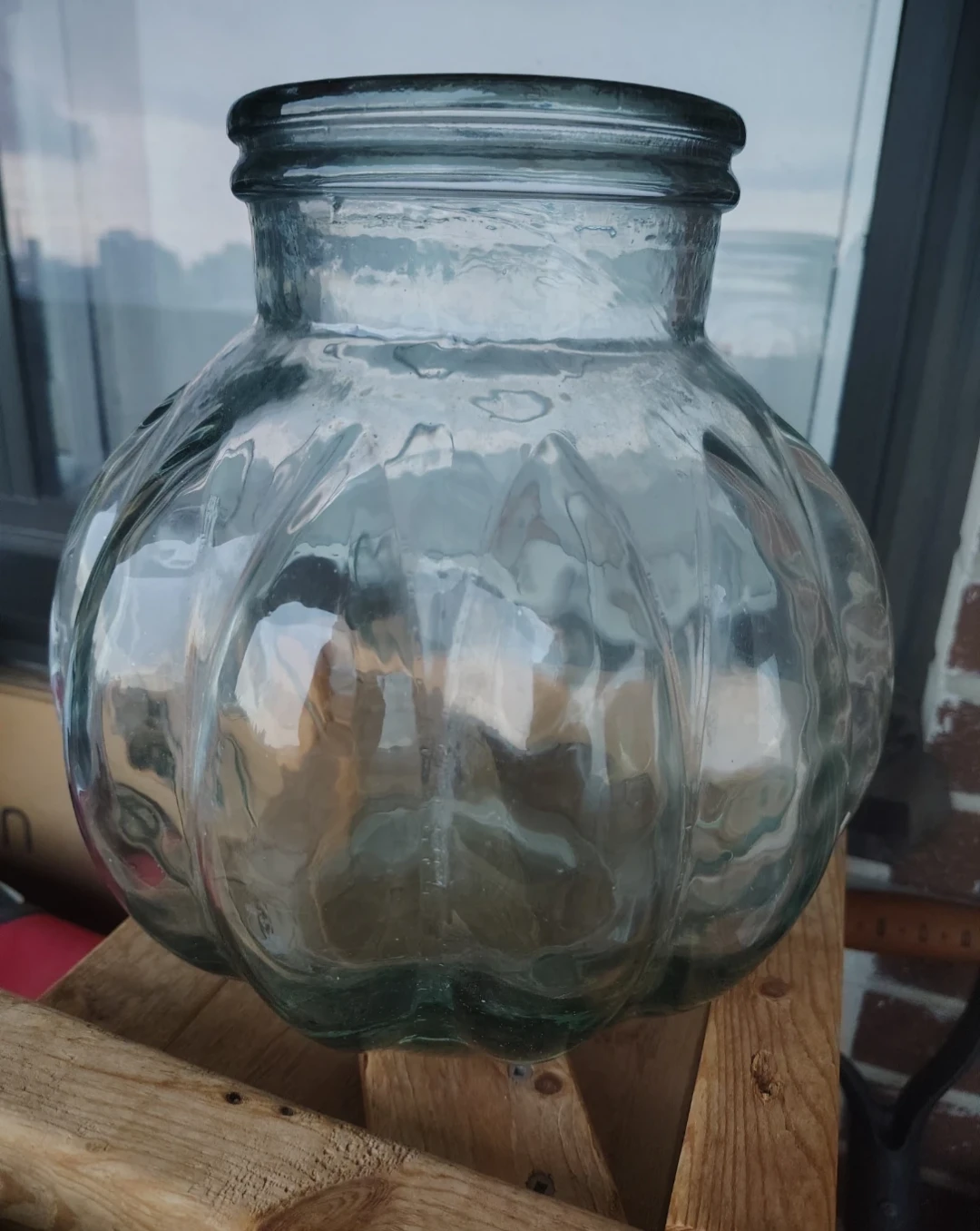 Large Round Ribbed Glass Vase
