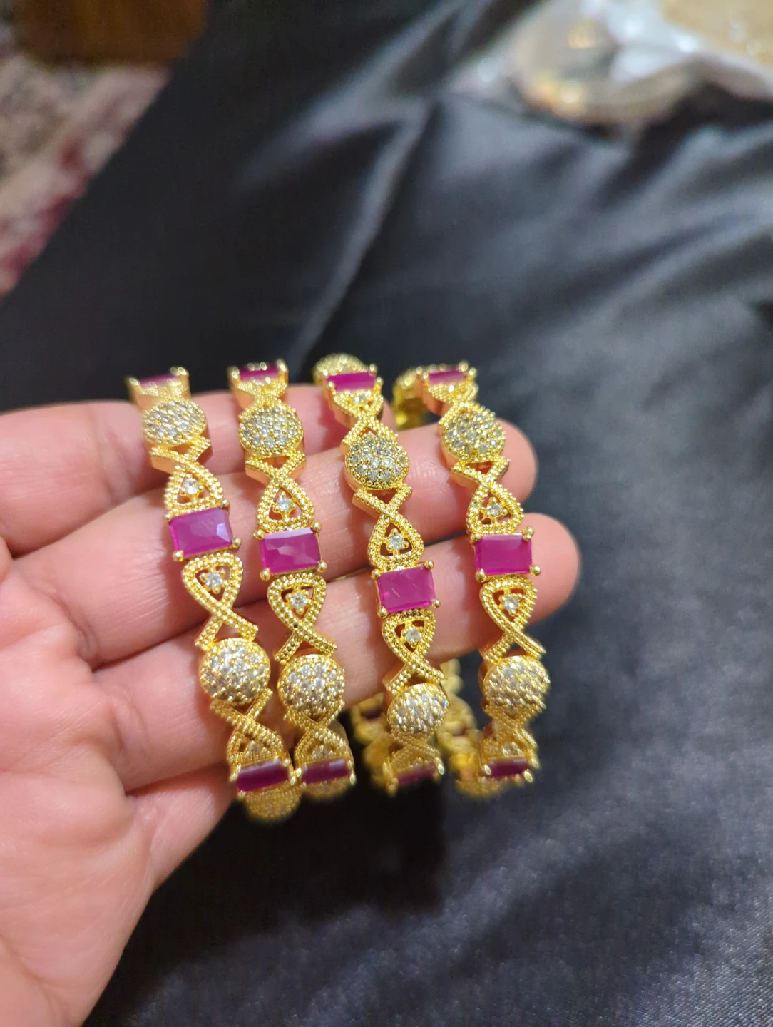 Gold-tone Bangles with Pink Stones - photo 3