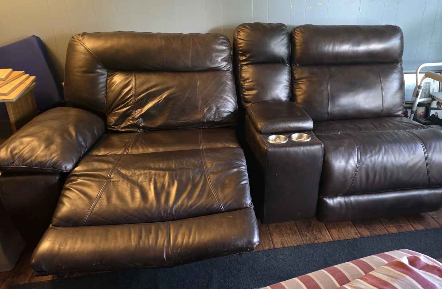 Dark Brown Leather Reclining Sofa with Console - photo 2