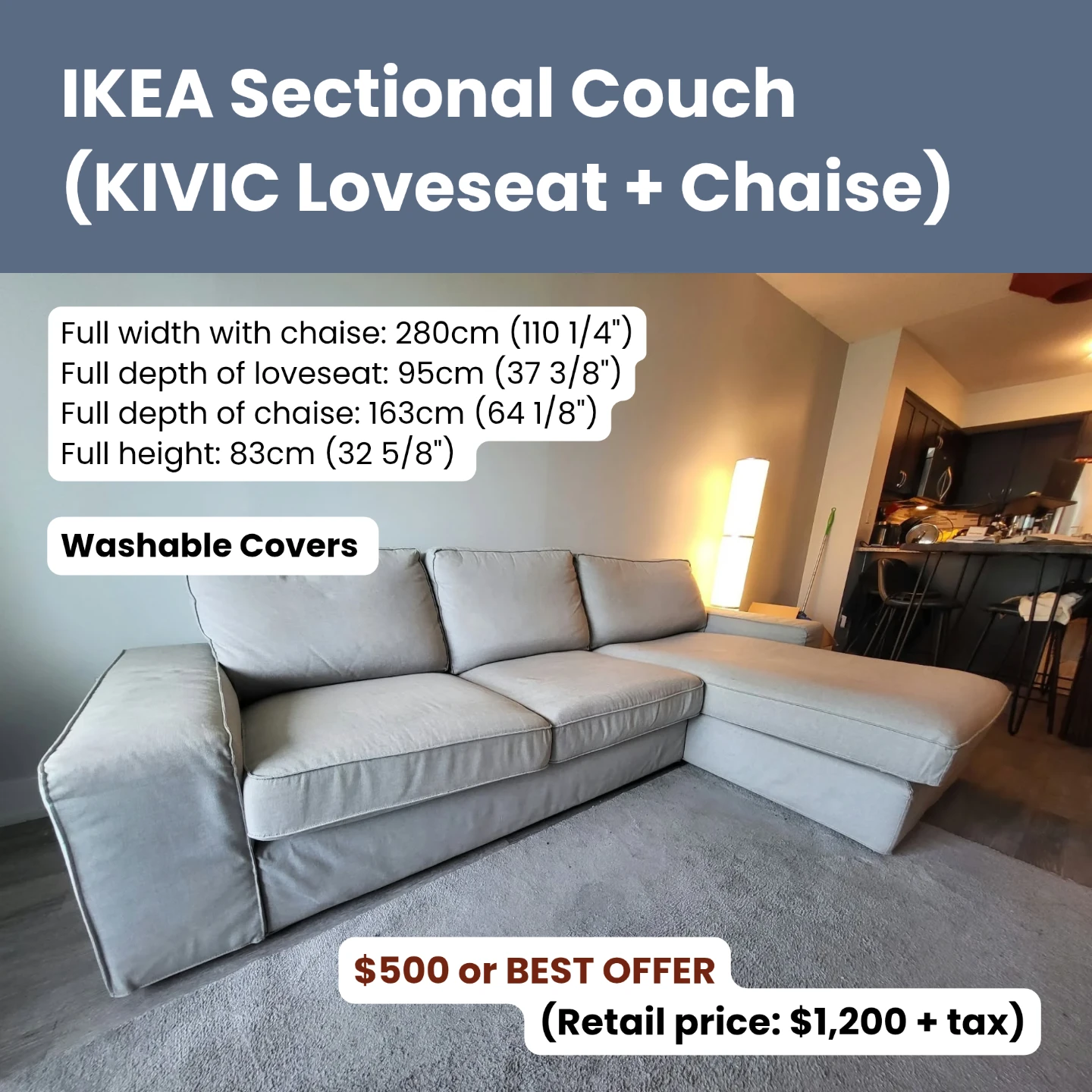 IKEA Kivik Sectional Sofa (Loveseat + Chaise) - Light Gray