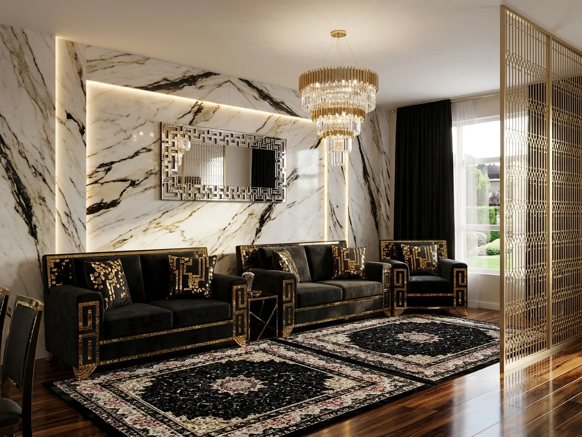 Luxury Black Velvet Loveseat with Gold Accents