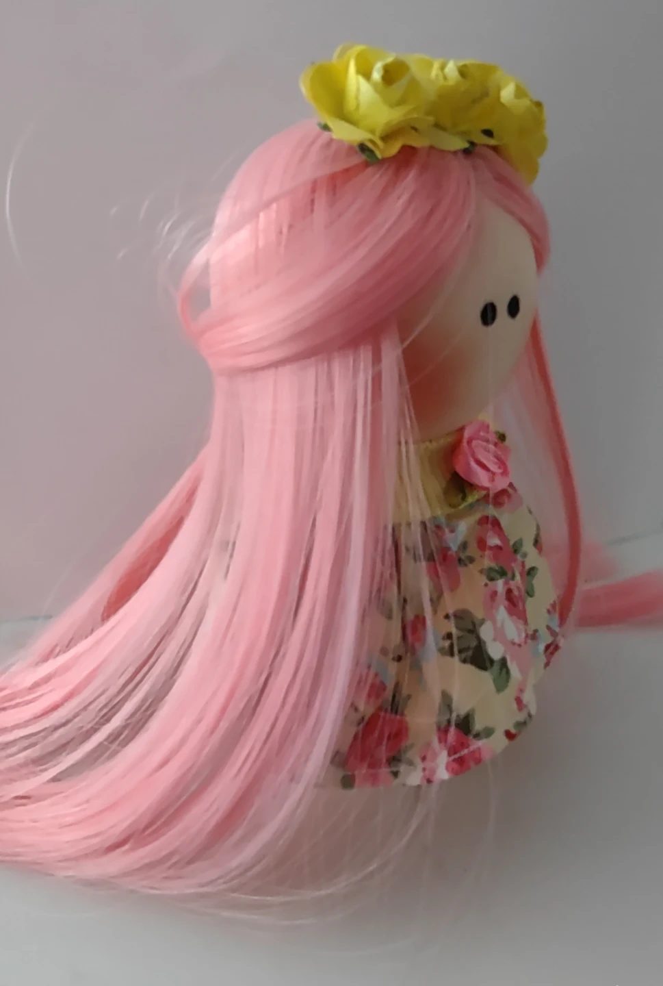 Handcrafted mini Cloth Doll with Pink Hair - photo 4
