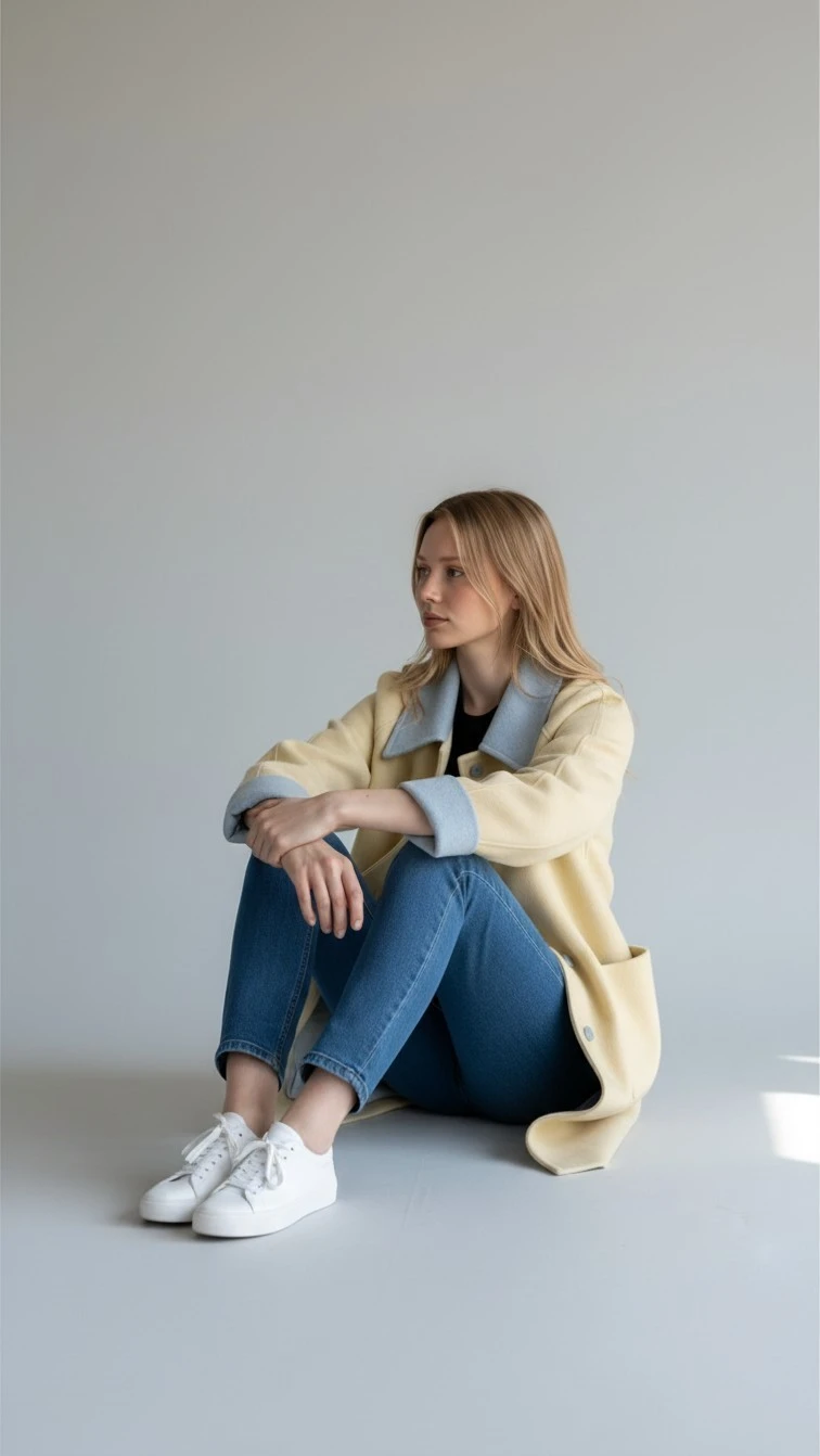 Cream and Blue Wool Coat - photo 2