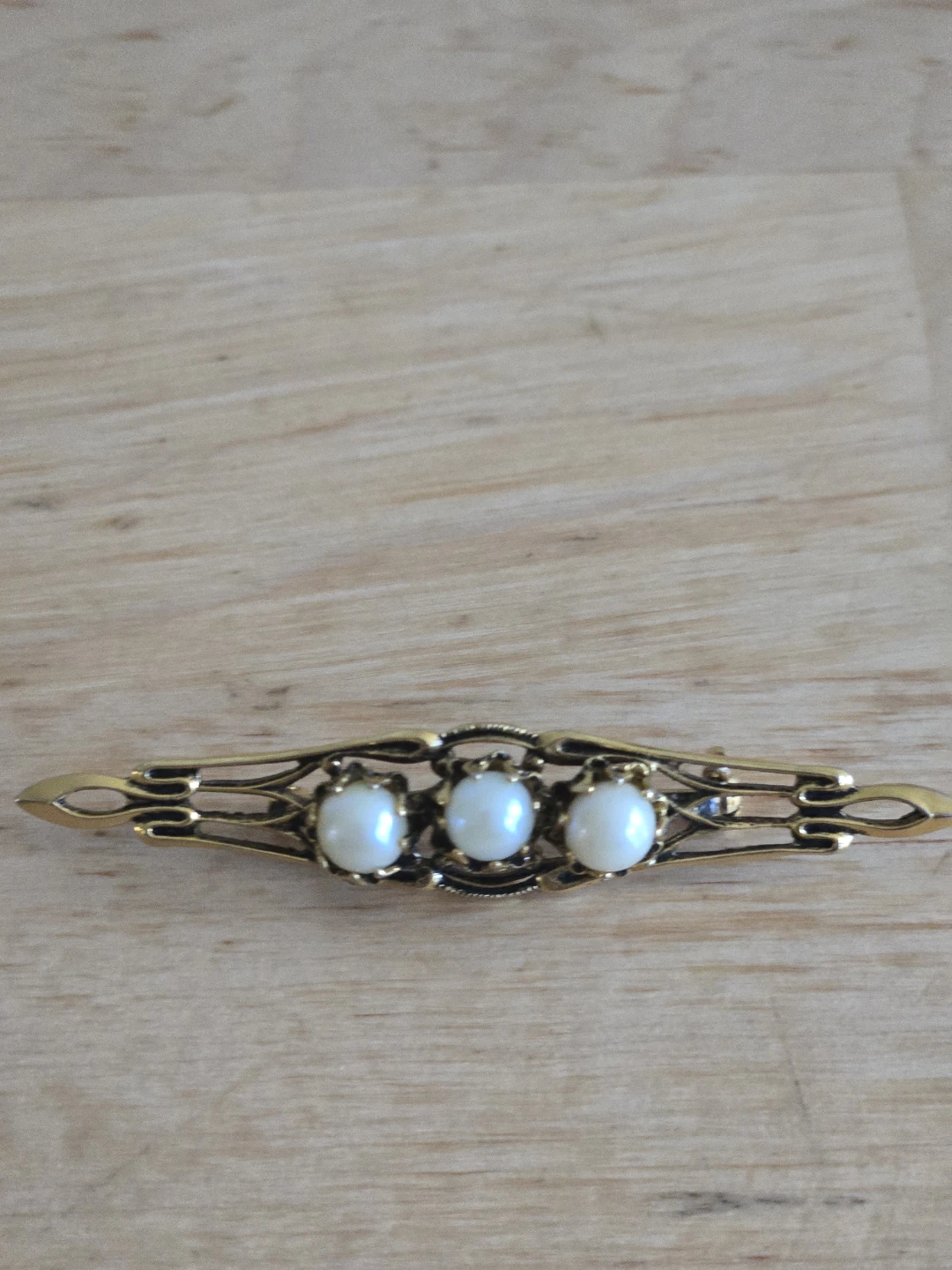 Vintage Gold-Tone Bar Brooch with Three Faux Pearls - photo 2