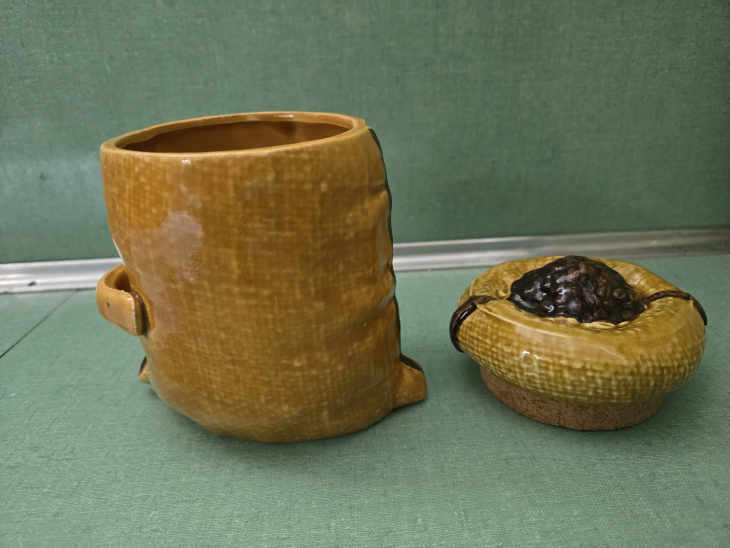 Vintage Ceramic Instant Coffee Container Burlap Sack/Bag - photo 3