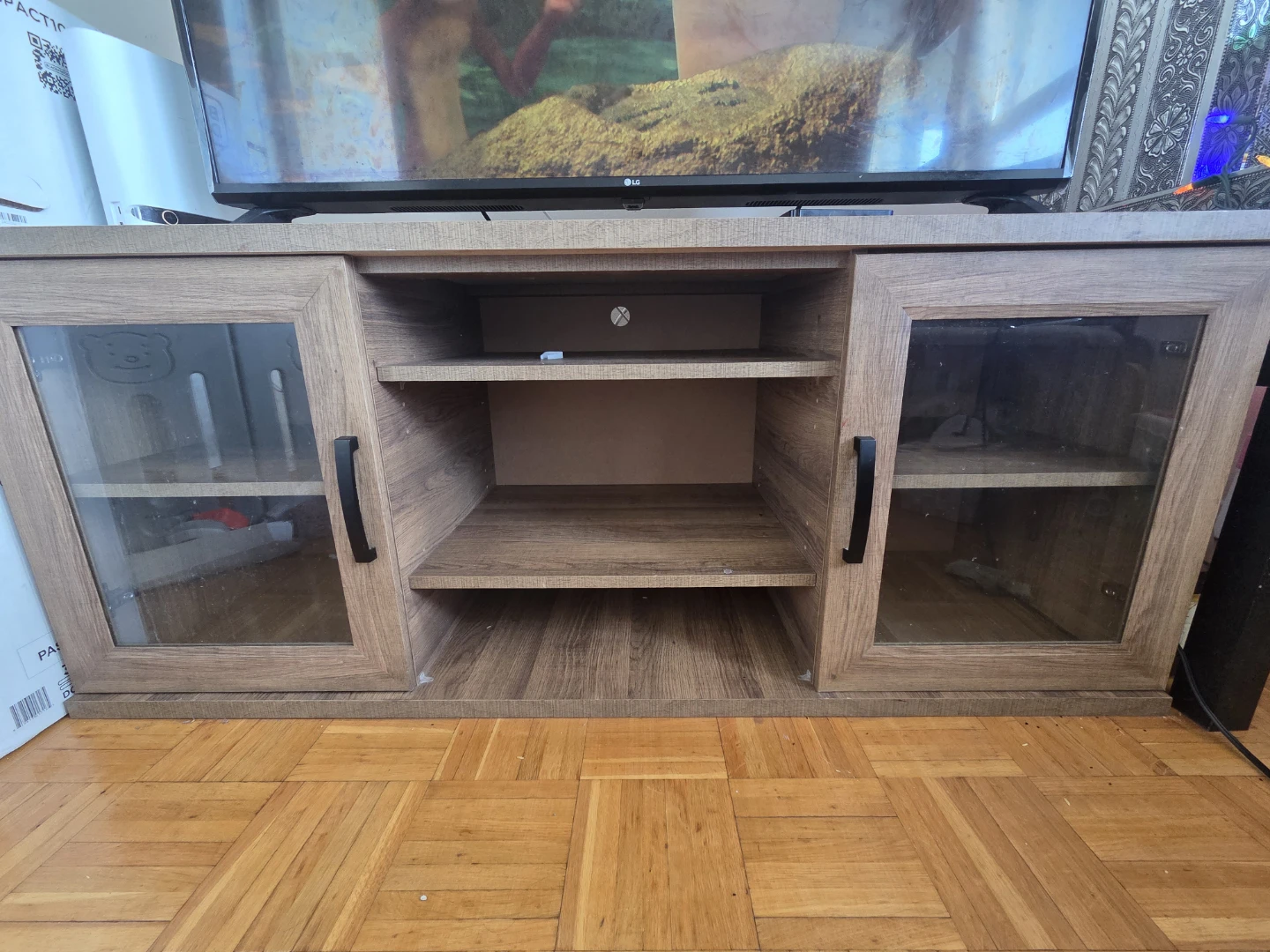 Wood Grain TV Stand with Glass Doors