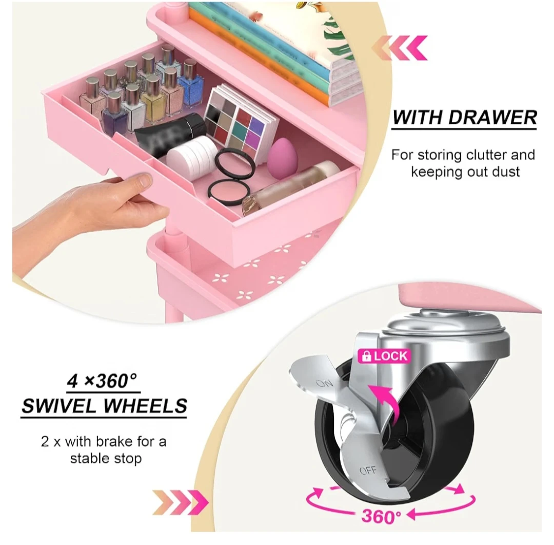 Pink 3-Tier Rolling Kitchen Storage Cart – $40 - photo 5