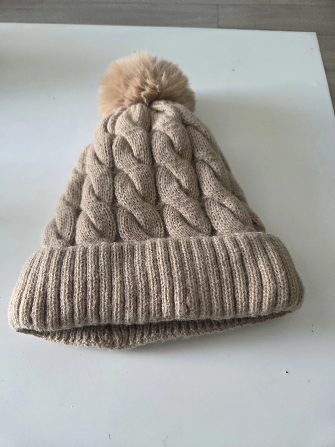 Beige Cable Knit Pom Pom Toque - photo 3