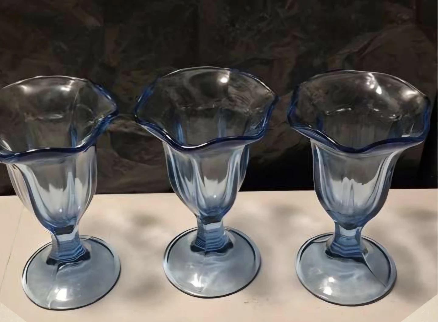 Set of 3 Anchor Hocking Blue Glass Ice Cream Dishes