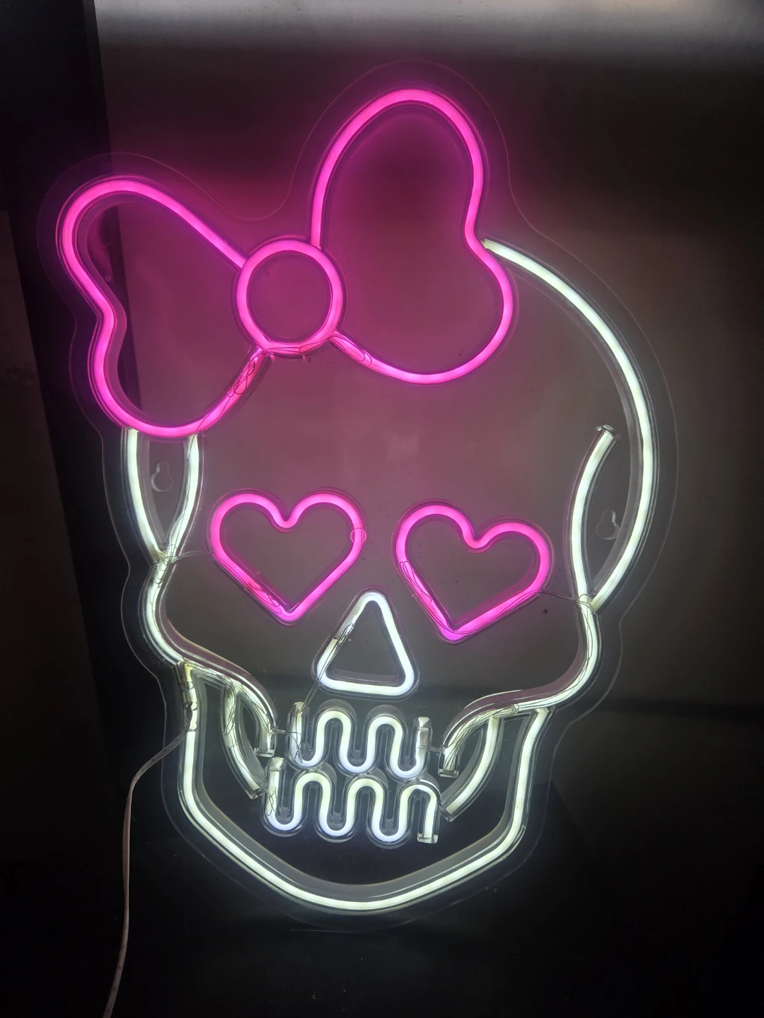 Skull Neon Wall Light with Pink Bow