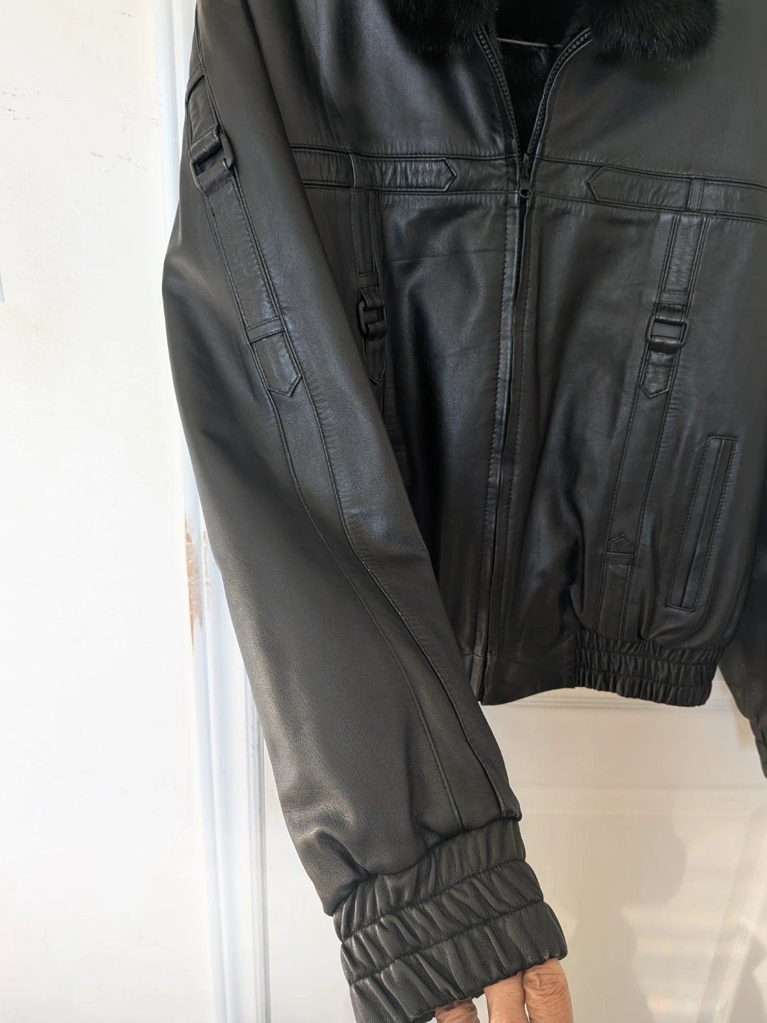 Black Leather Jacket with Fur Collar - photo 2