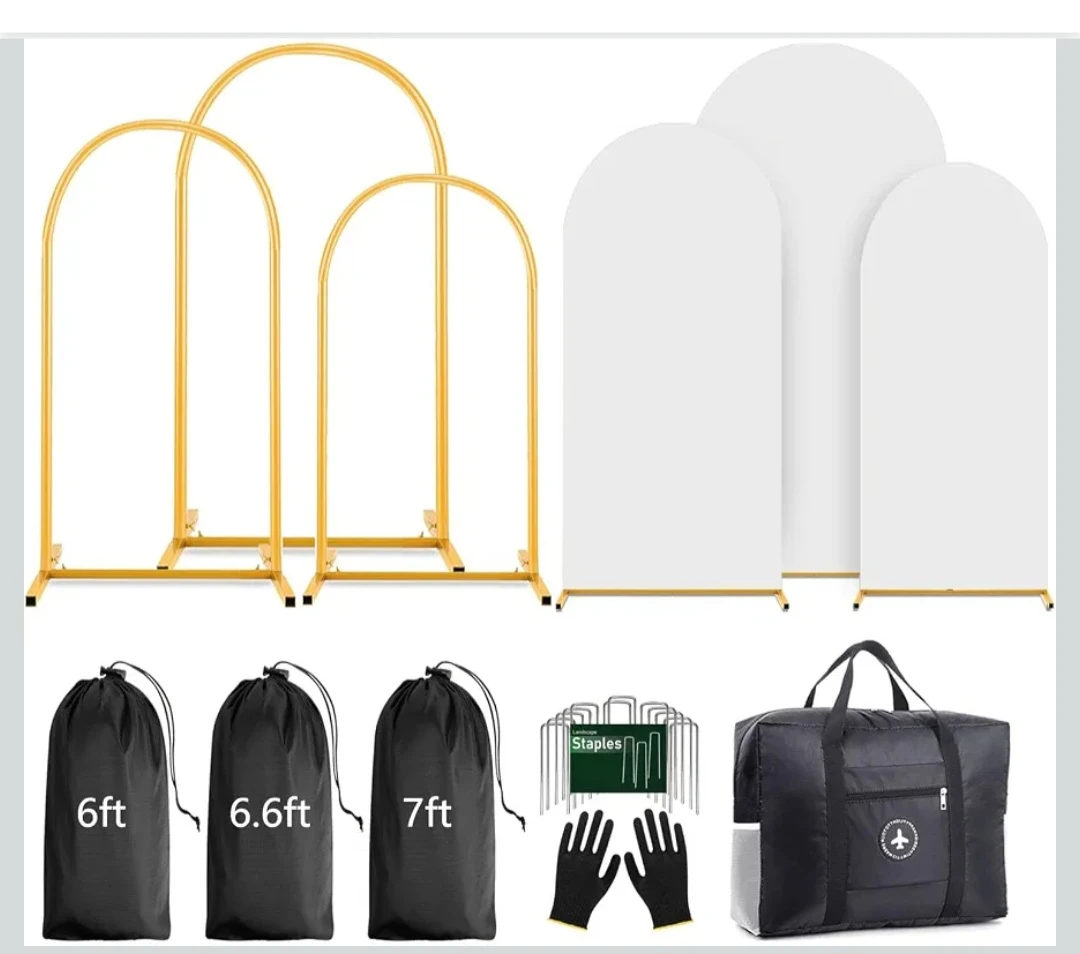 Set of 3 Gold Arch Backdrop Stands with Covers