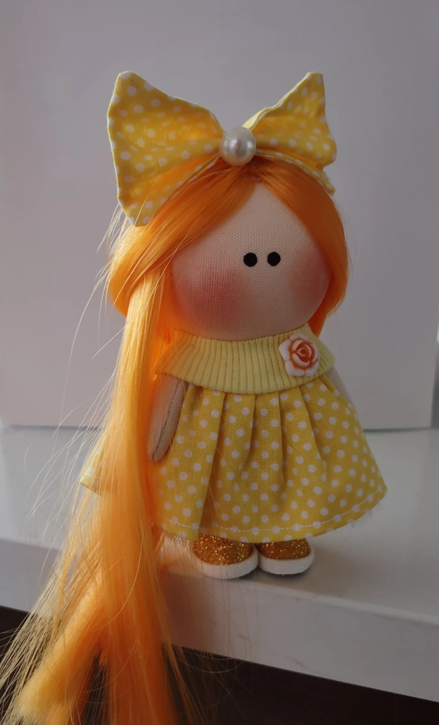 Handcrafted  mini cloth doll with yellow polka dot dress - photo 3
