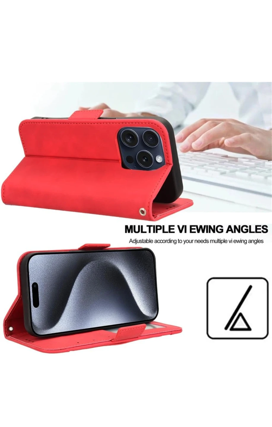 iPhone 15 Pro, PU Leather Wallet Folio Cover red - photo 5
