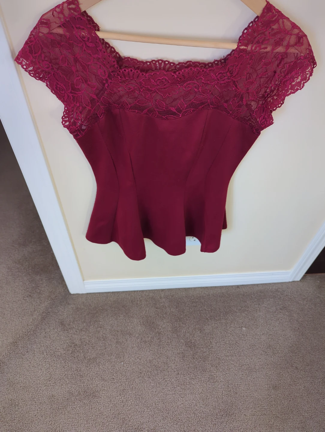 Suzy Shier Red Lace Peplum Top