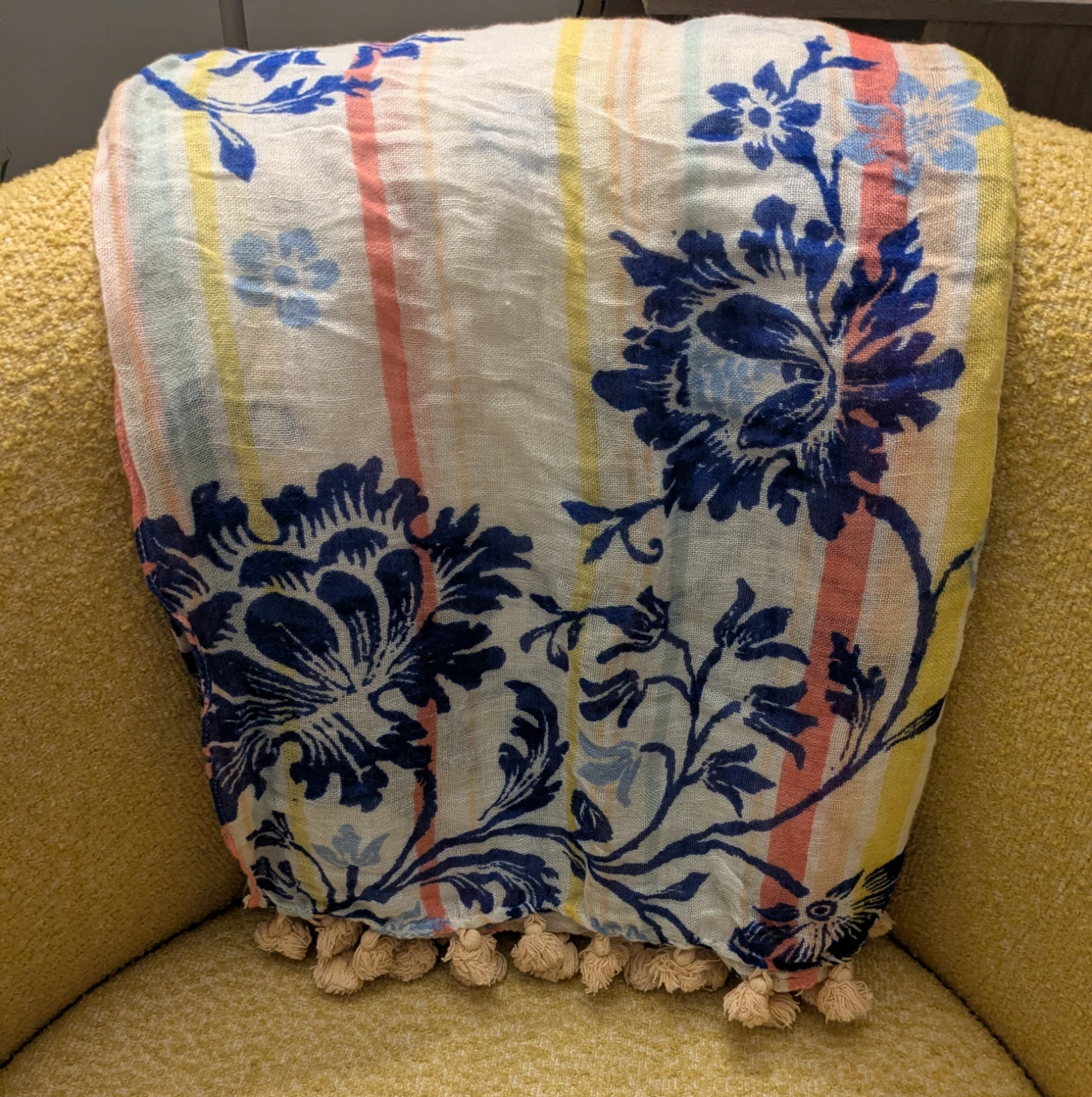 Caslon White Blue Floral Stripe Pom-Pom Wrap Throw 56 x 53