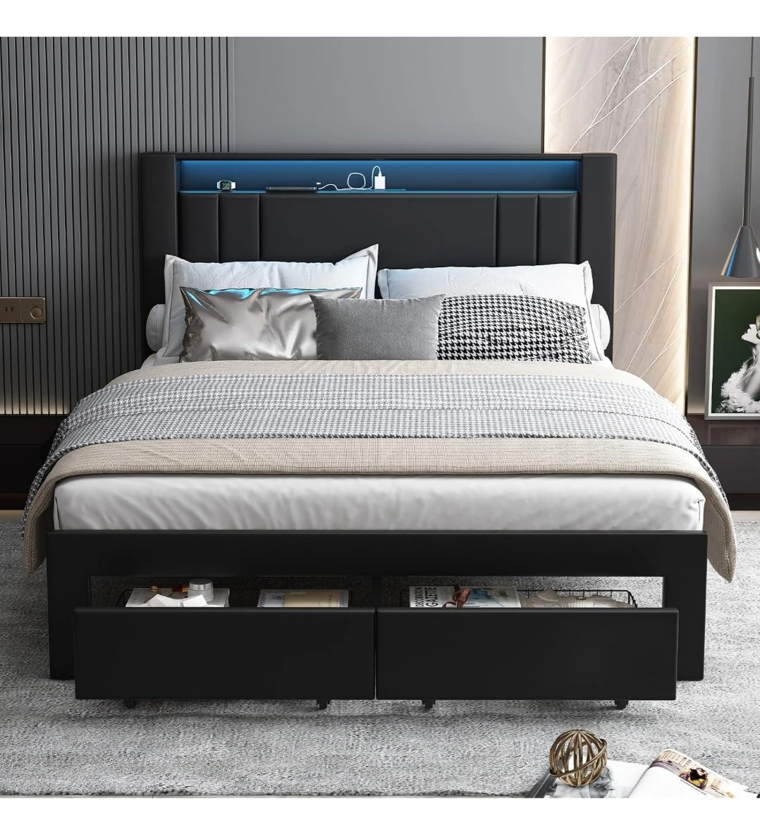 LED Upholstered Queen Bed Frame