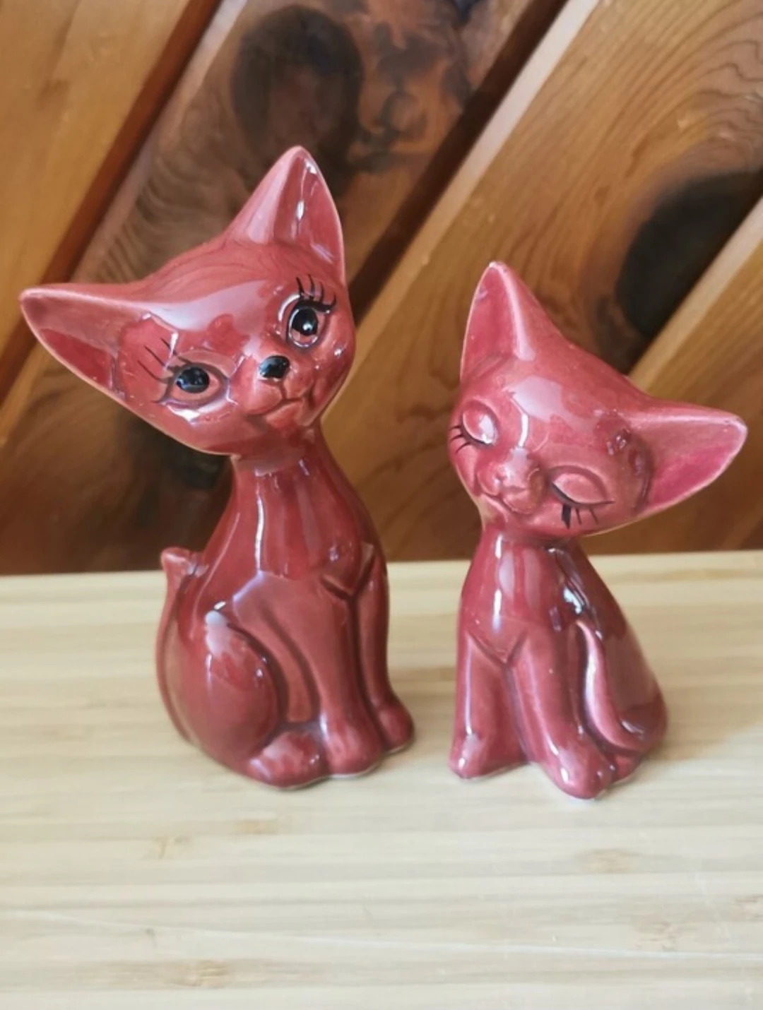 Vintage Hand Painted Ceramic Cat Figurines Pair Mid Century