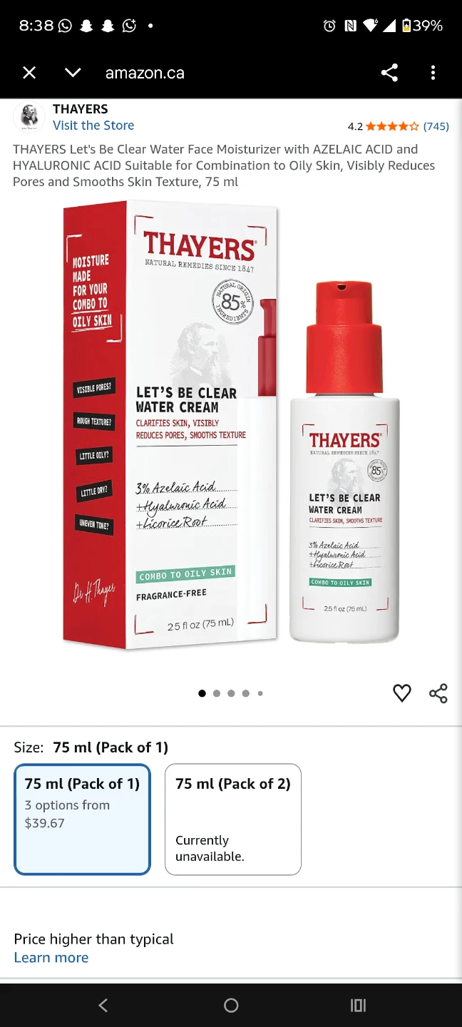 Thayers Let's Be Clear Water Cream 75ml