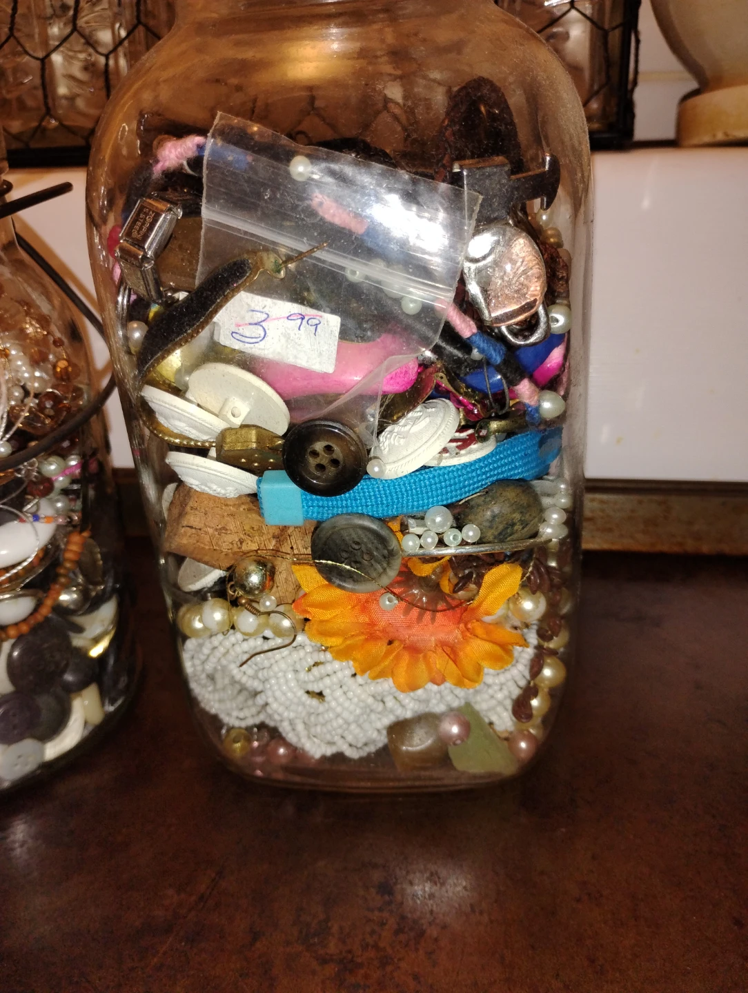 Two Vintage Glass Jars with Jewelry n Assorted Craft Supplies - photo 3