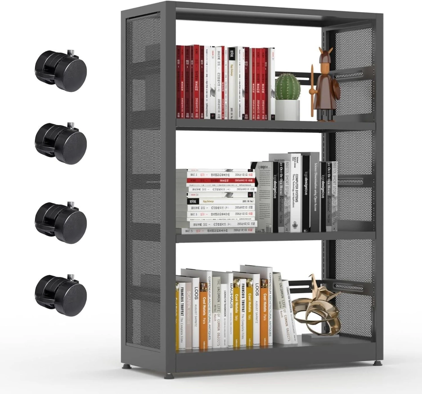Metal Mesh 3-Shelf Bookcase - Grey