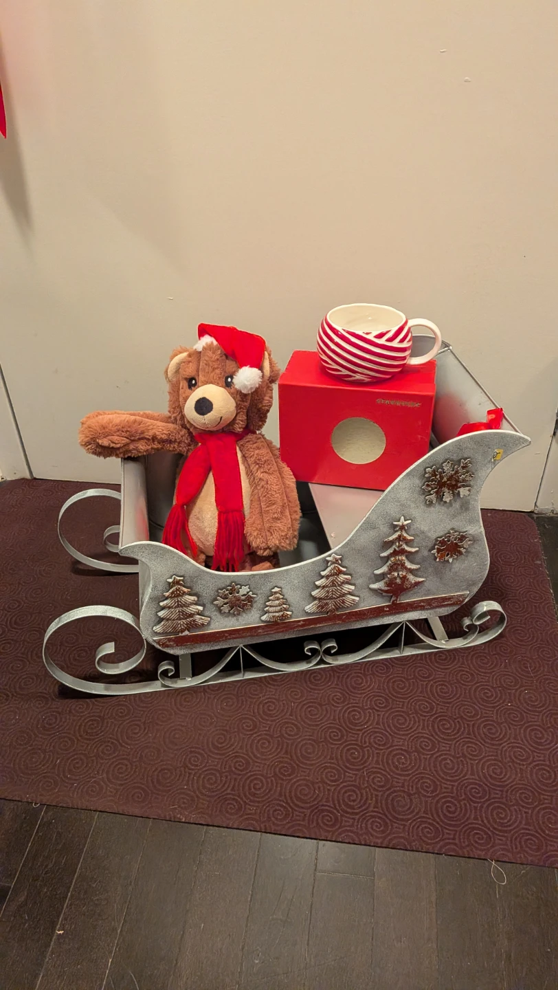 Metal Sleigh, Starbucks Mug, Teddy Bear