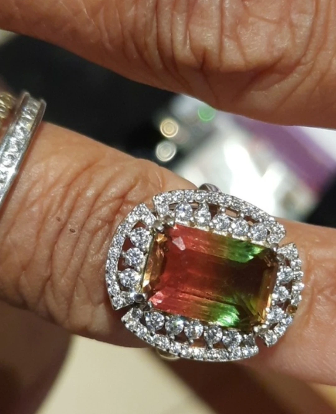Watermelon Tourmaline Ring Solid Stetling Silver, Size 6