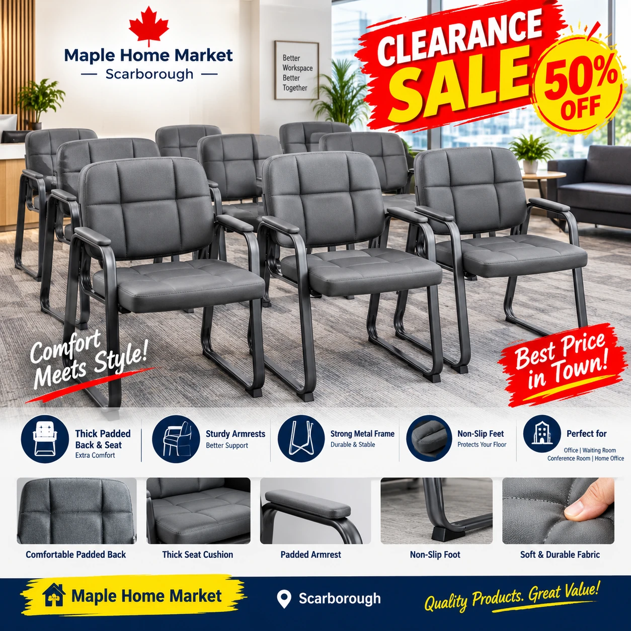New<> Grey Guest leather padded Chairs non slip feet