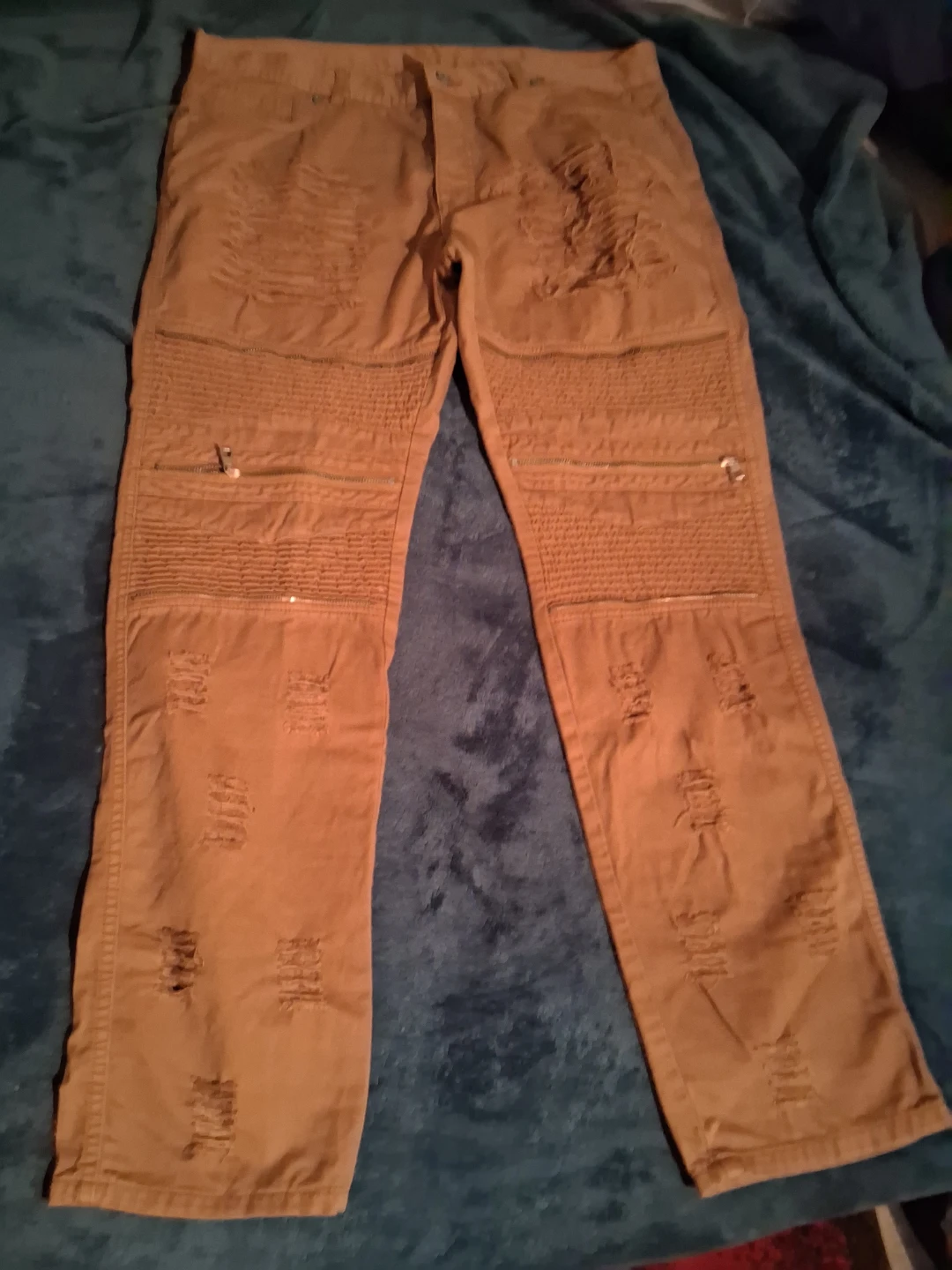Tan Distressed Biker Moto Jeans