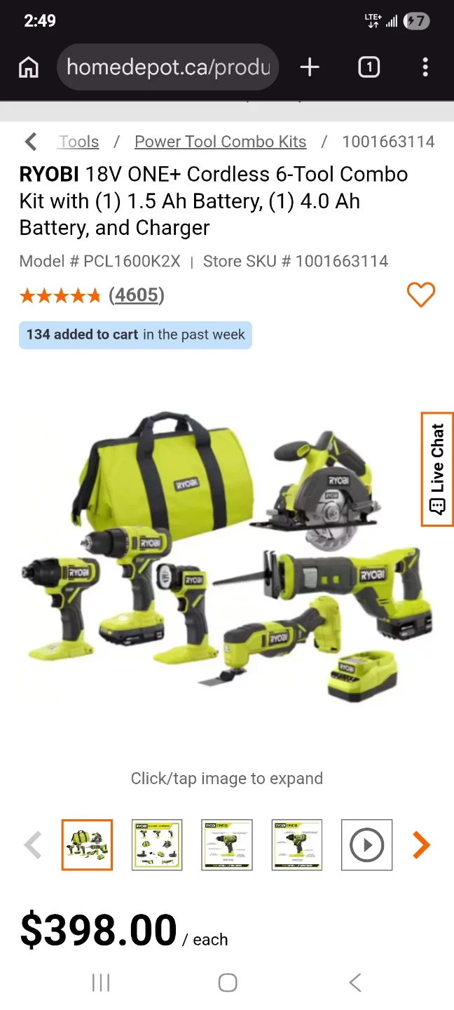 Ryobi 18V 6 tool combo kit