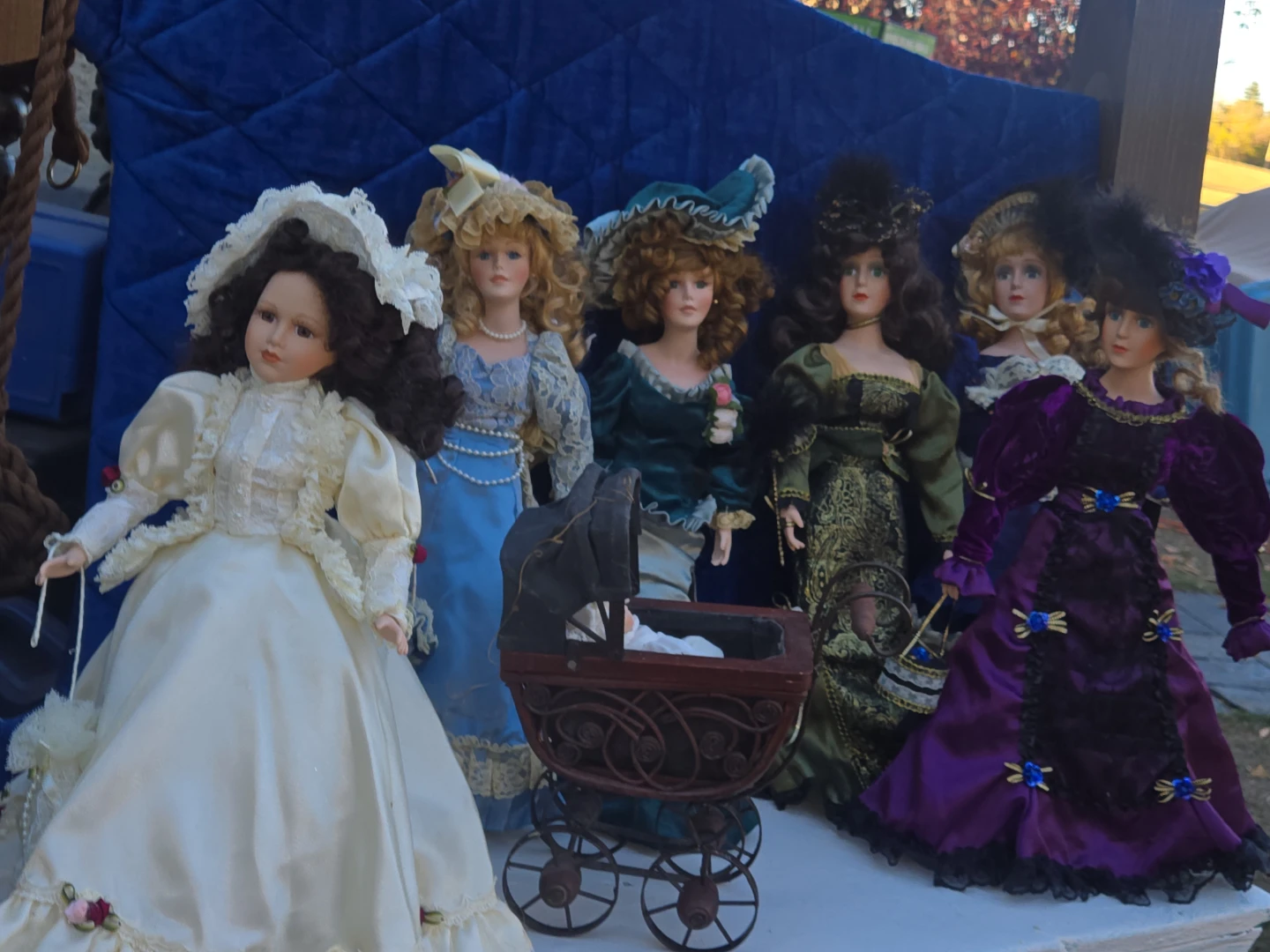 Set of 6 Vintage Porcelain Dolls with Carriage