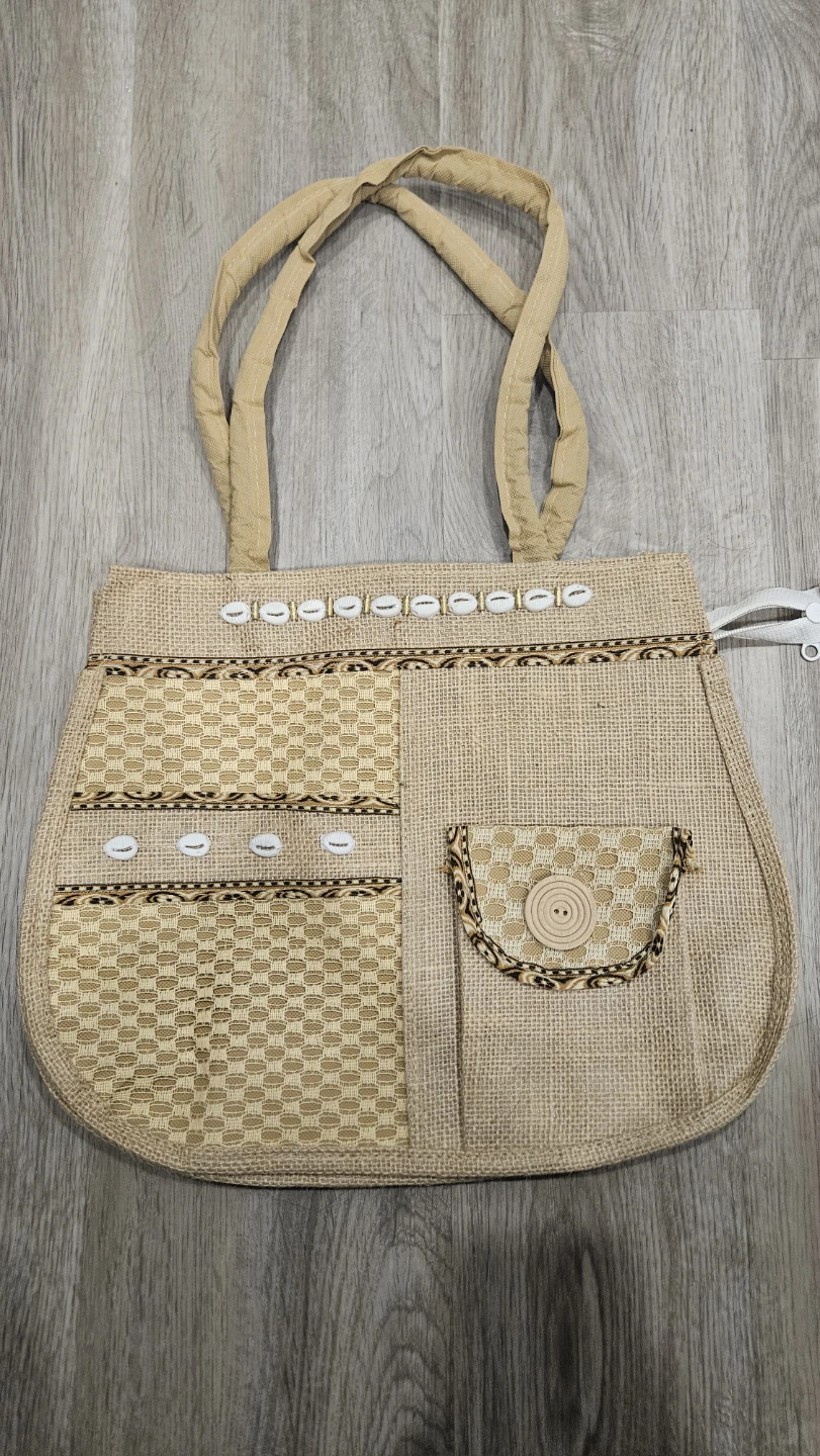 Burlap Tote Bag with Shell Accents