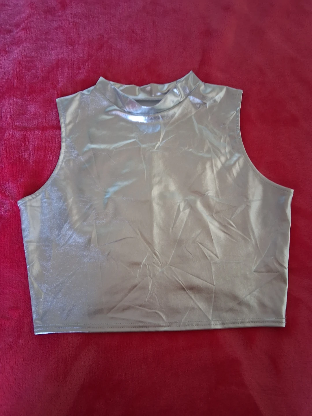 Silver Metallic Sleeveless Mock Neck Crop Top