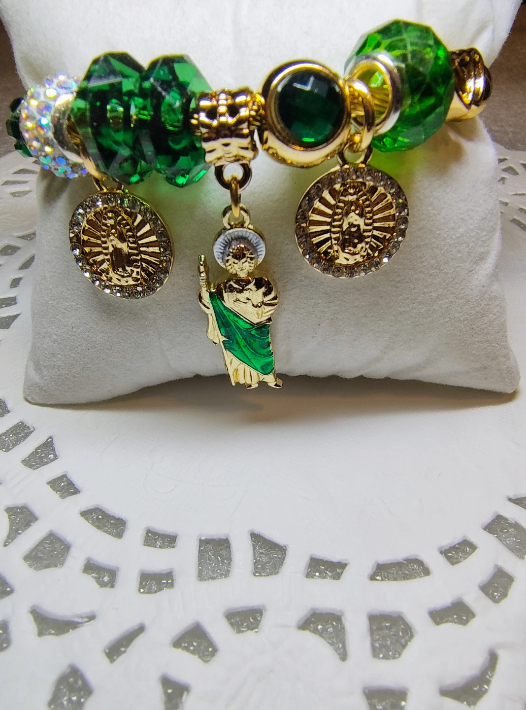 Religious Charm Bracelet with Green Beads - photo 3
