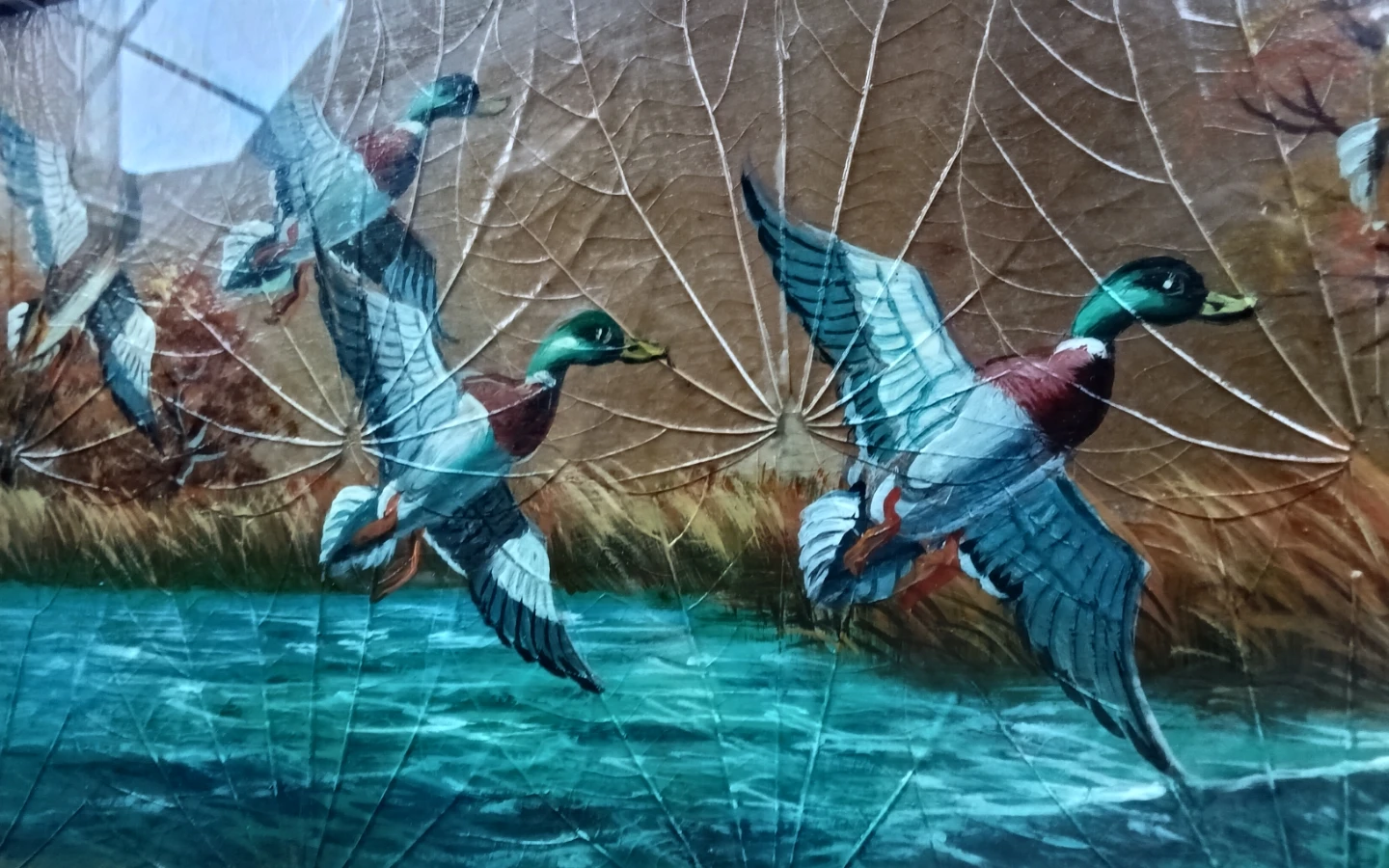 "Mallard Ducks" Mixed Media Leaf Painting by L. Arrienda - photo 4