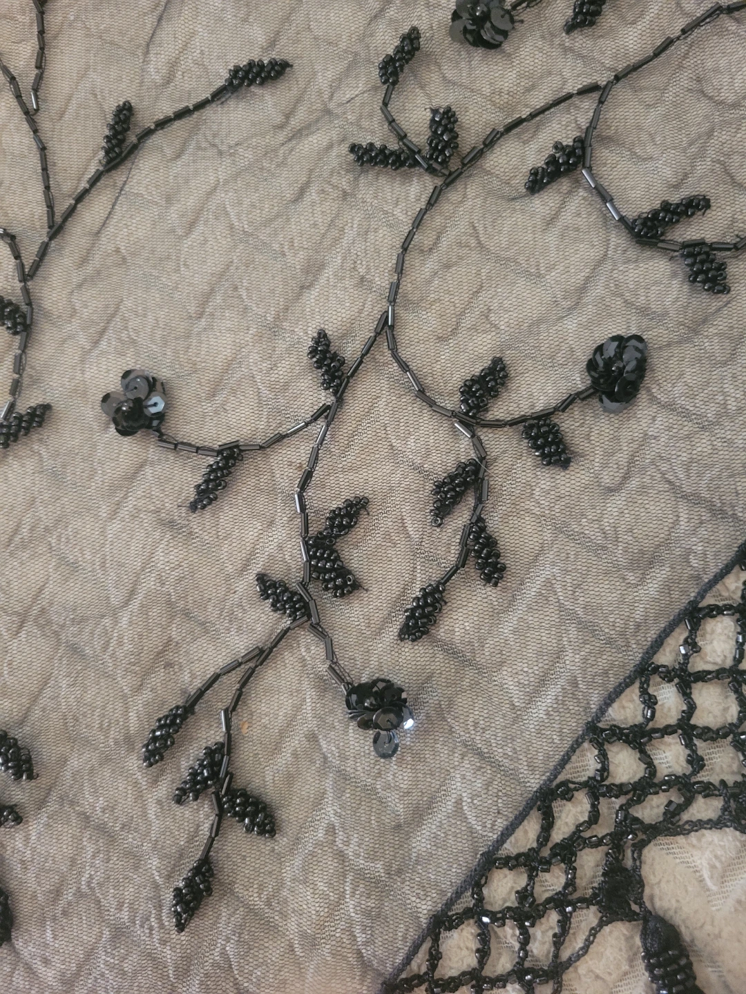 Black Embroidered Triangle Scarf with Tassels - photo 3