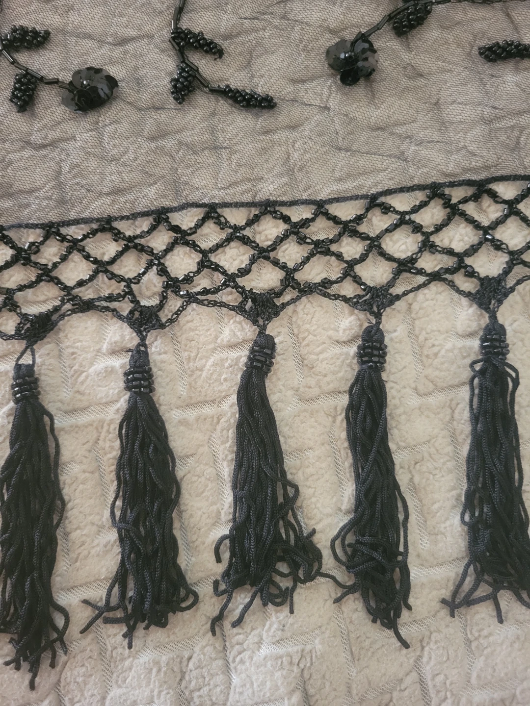 Black Embroidered Triangle Scarf with Tassels - photo 2