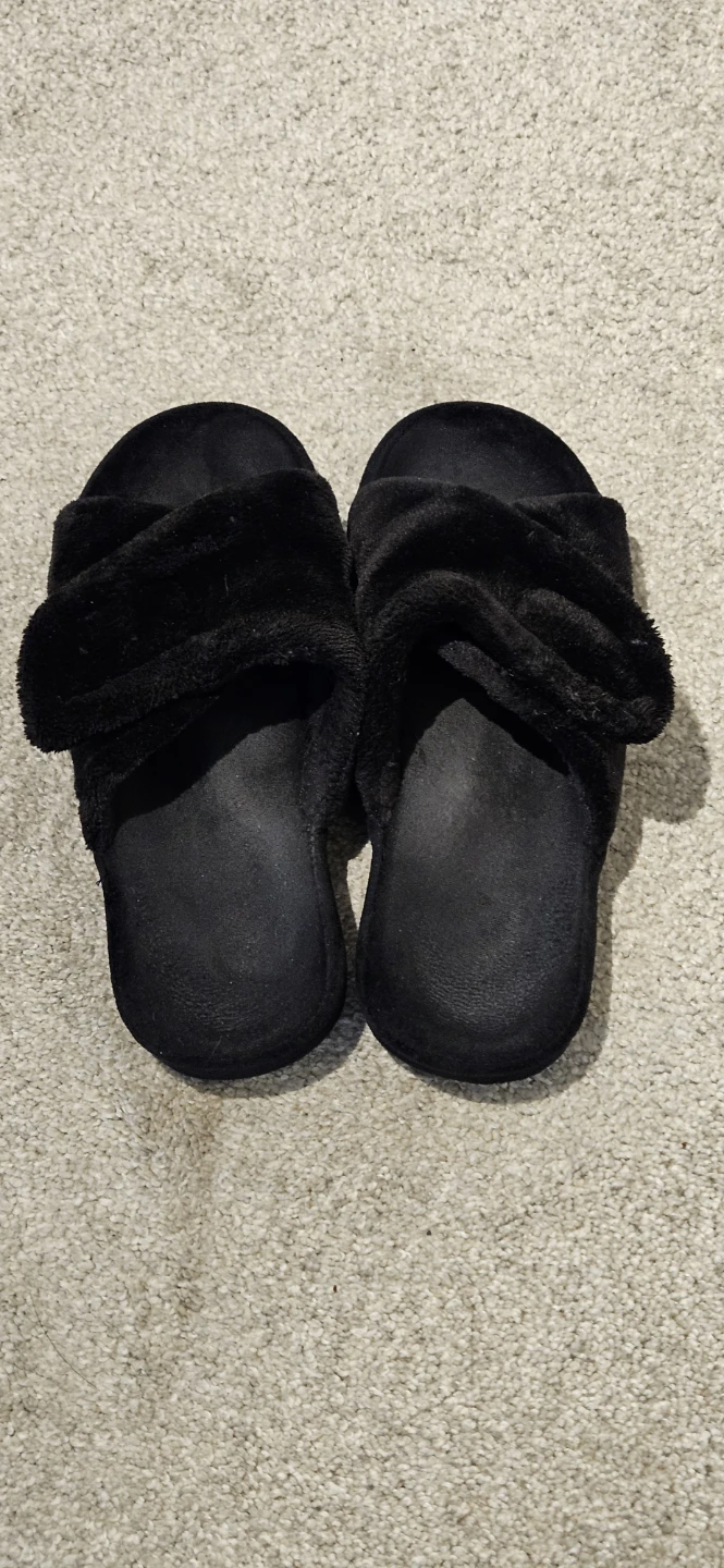 Black Plush Cross-Strap Slippers