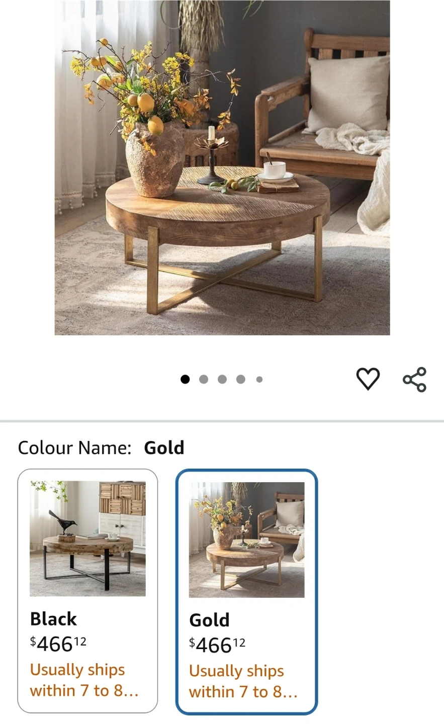 Round Wood Coffee Table with Gold Metal Base