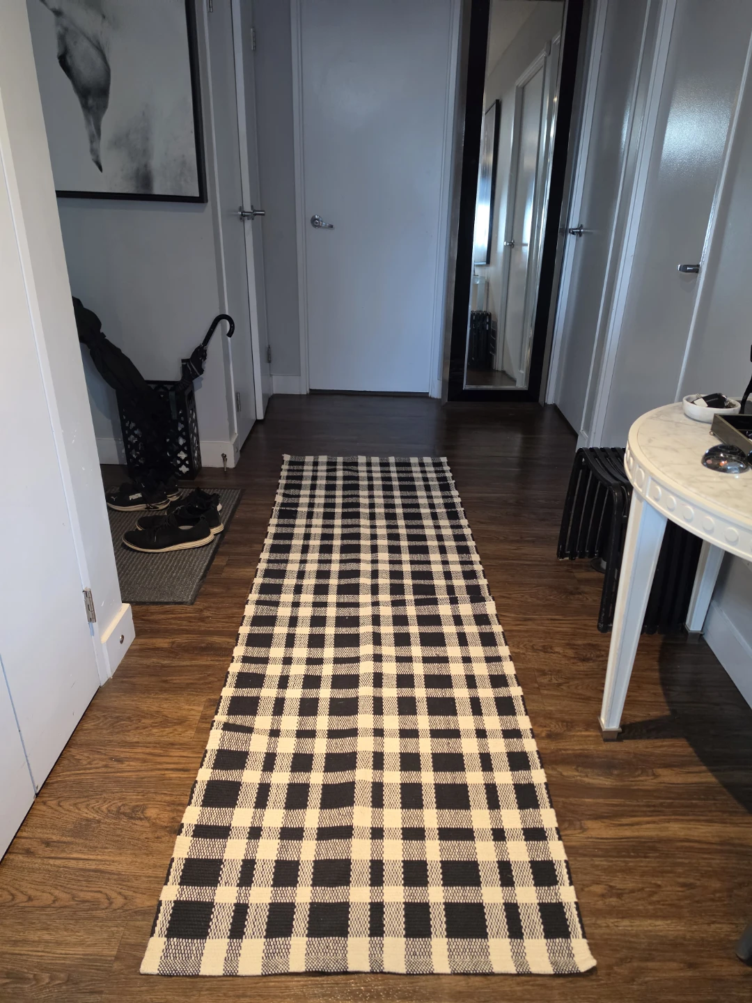 Black and white checkered runner rug