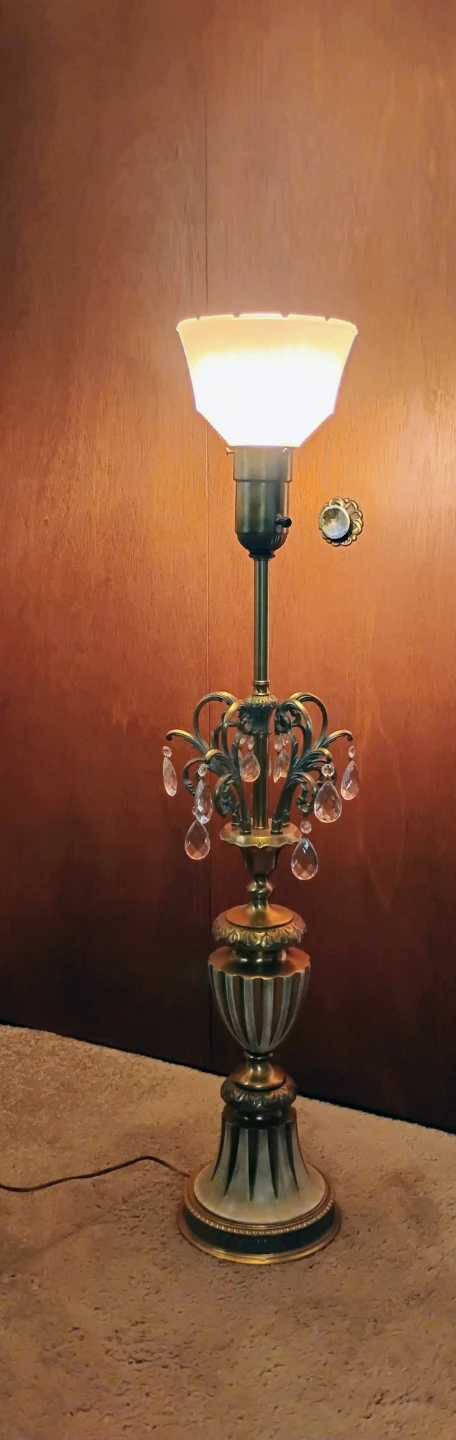 VINTAGE BRASS TORCHIERE ORNATE LAMP WITH MILKGLASS SHADE