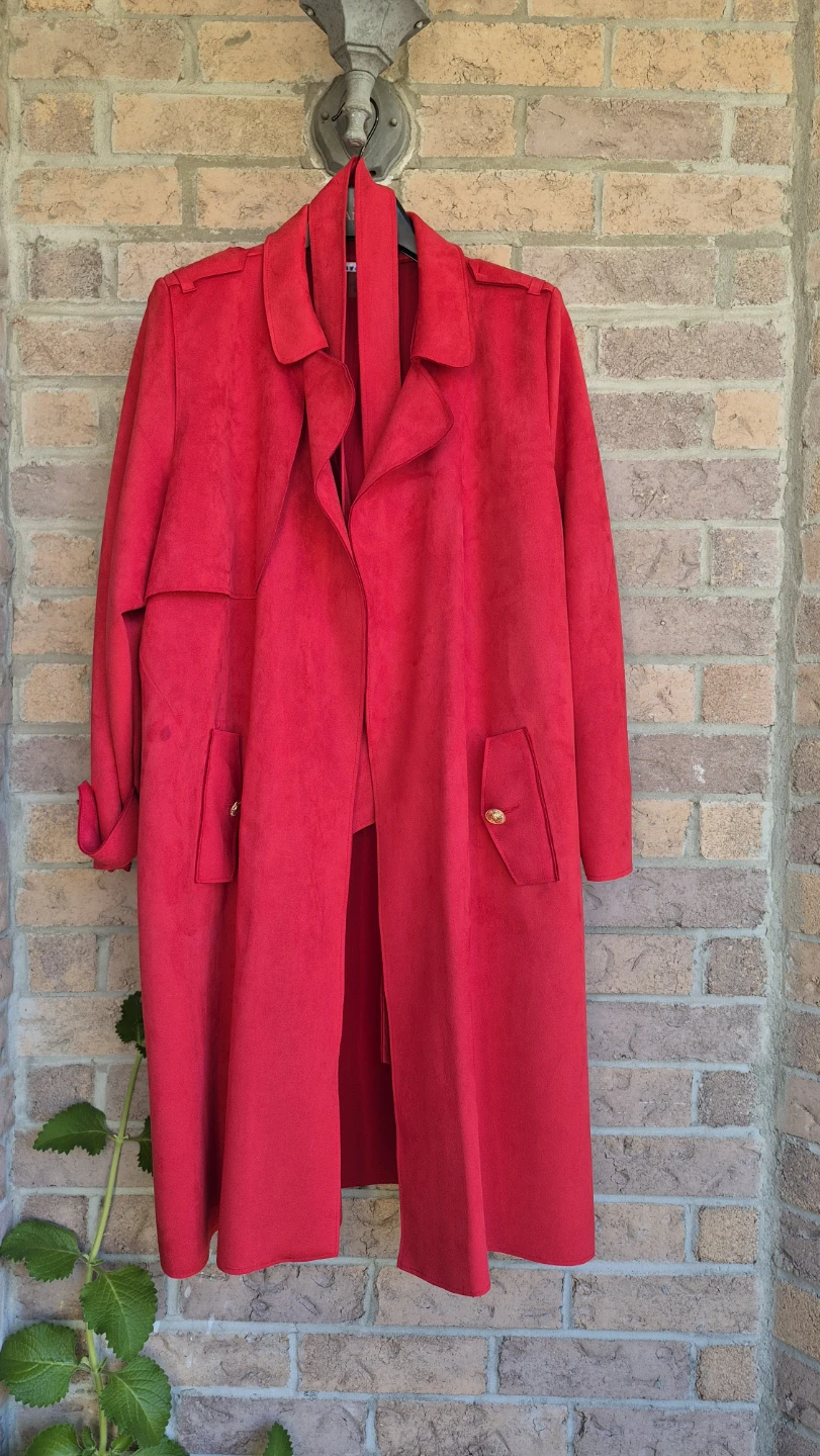 Vibrant Red Faux Suede Trench Coat - photo 3