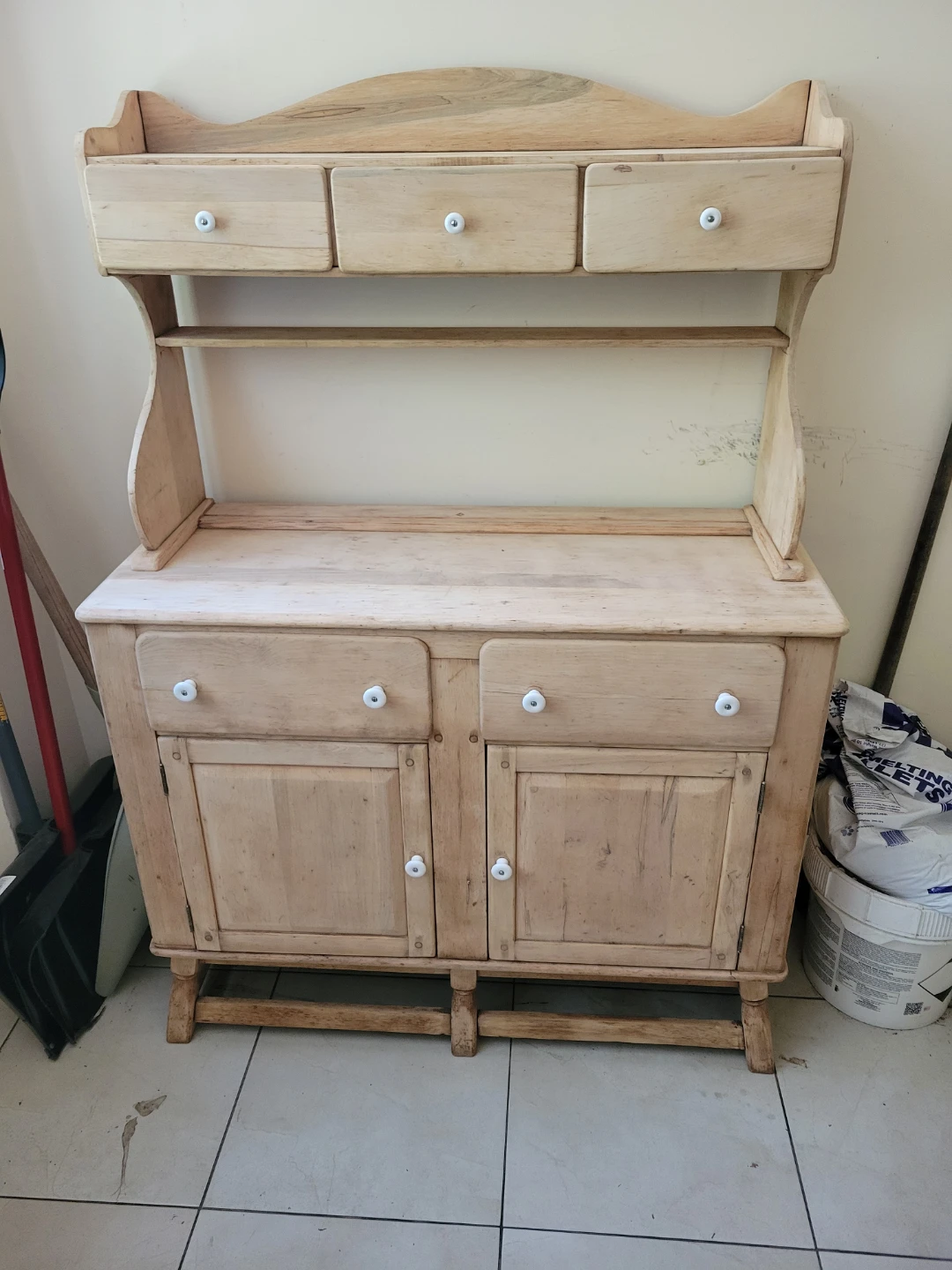 Vintage Wooden Hutch with Drawers and Cabinets