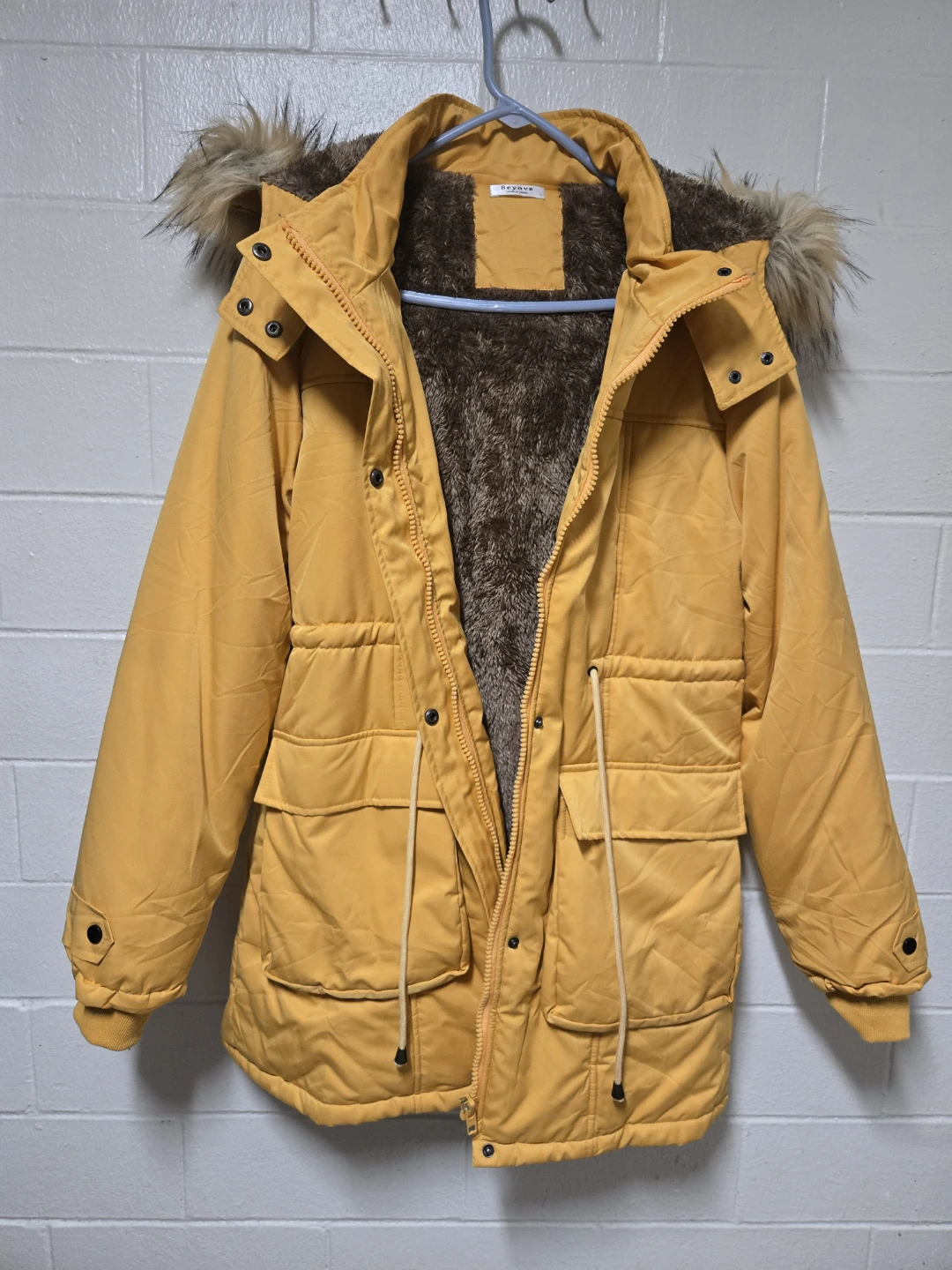 Beyove Mustard Gold Winter Parka Jacket Fleece Hood Size Large - photo 3