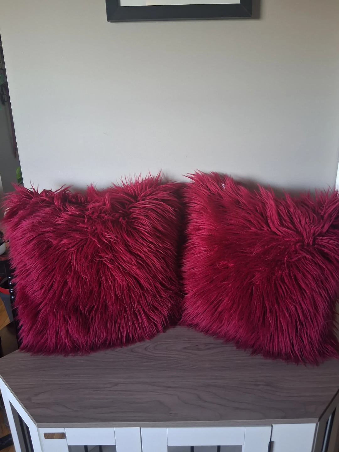 Set of Two Dark red Faux Fur Throw Cushions