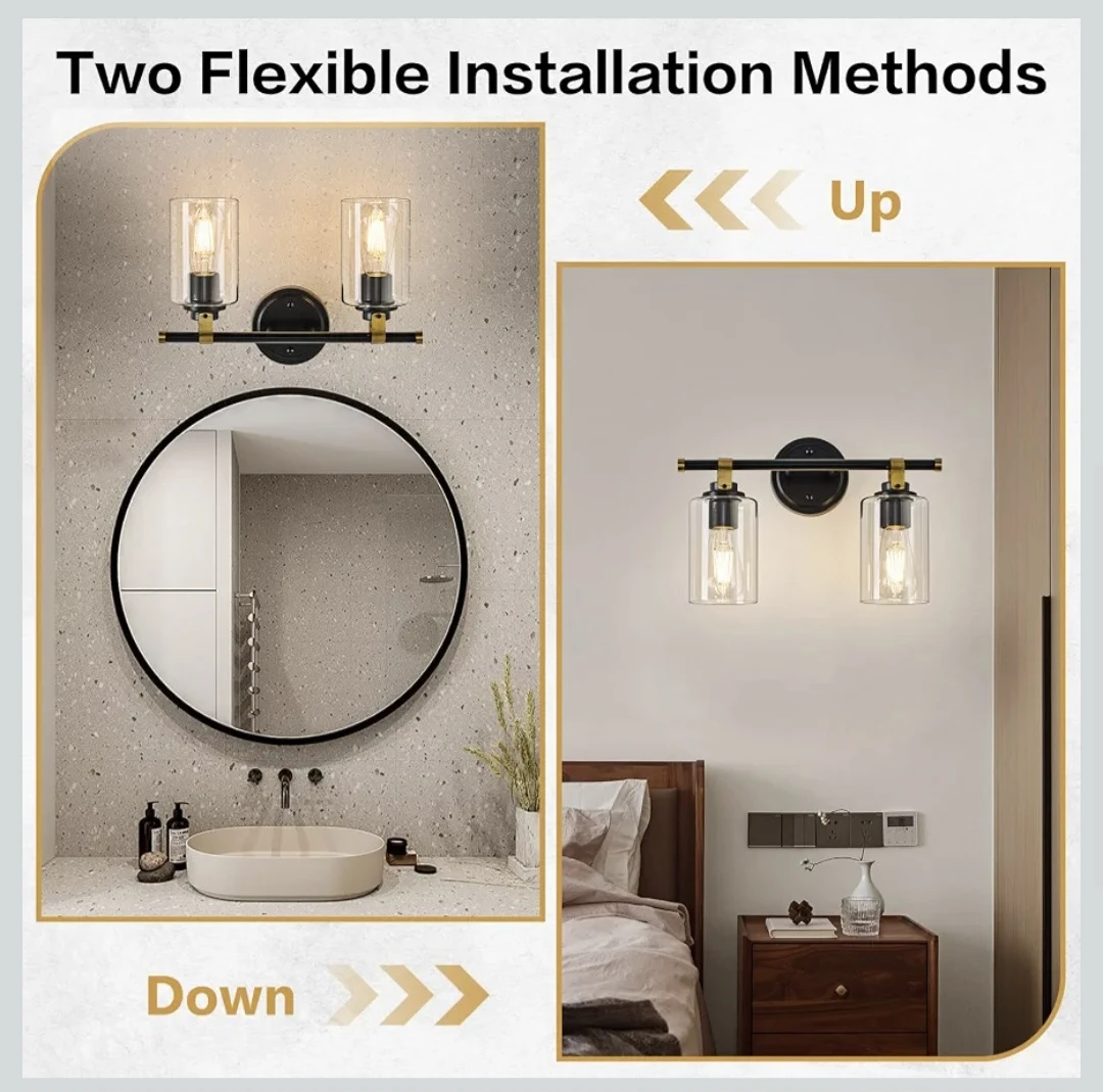 2-Light Vanity Wall Sconce, Matte Black and Gold - photo 4