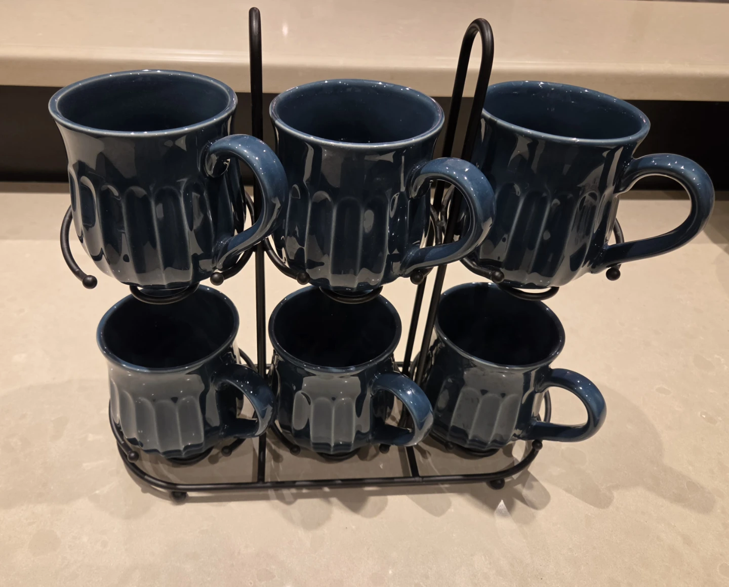 Set of 6 Navy Blue Mugs with Stand