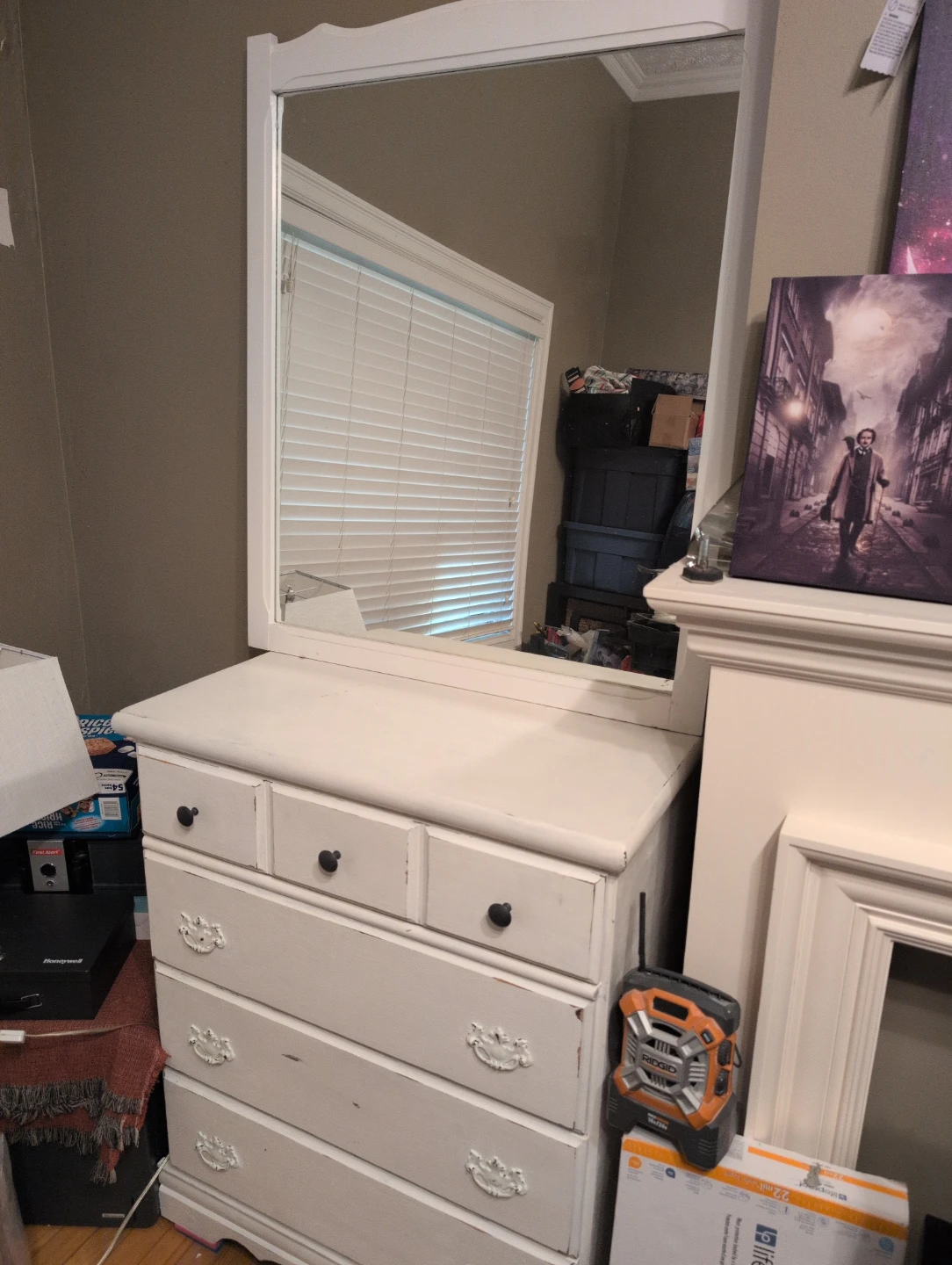 White solid wood vintage dresser with mirror